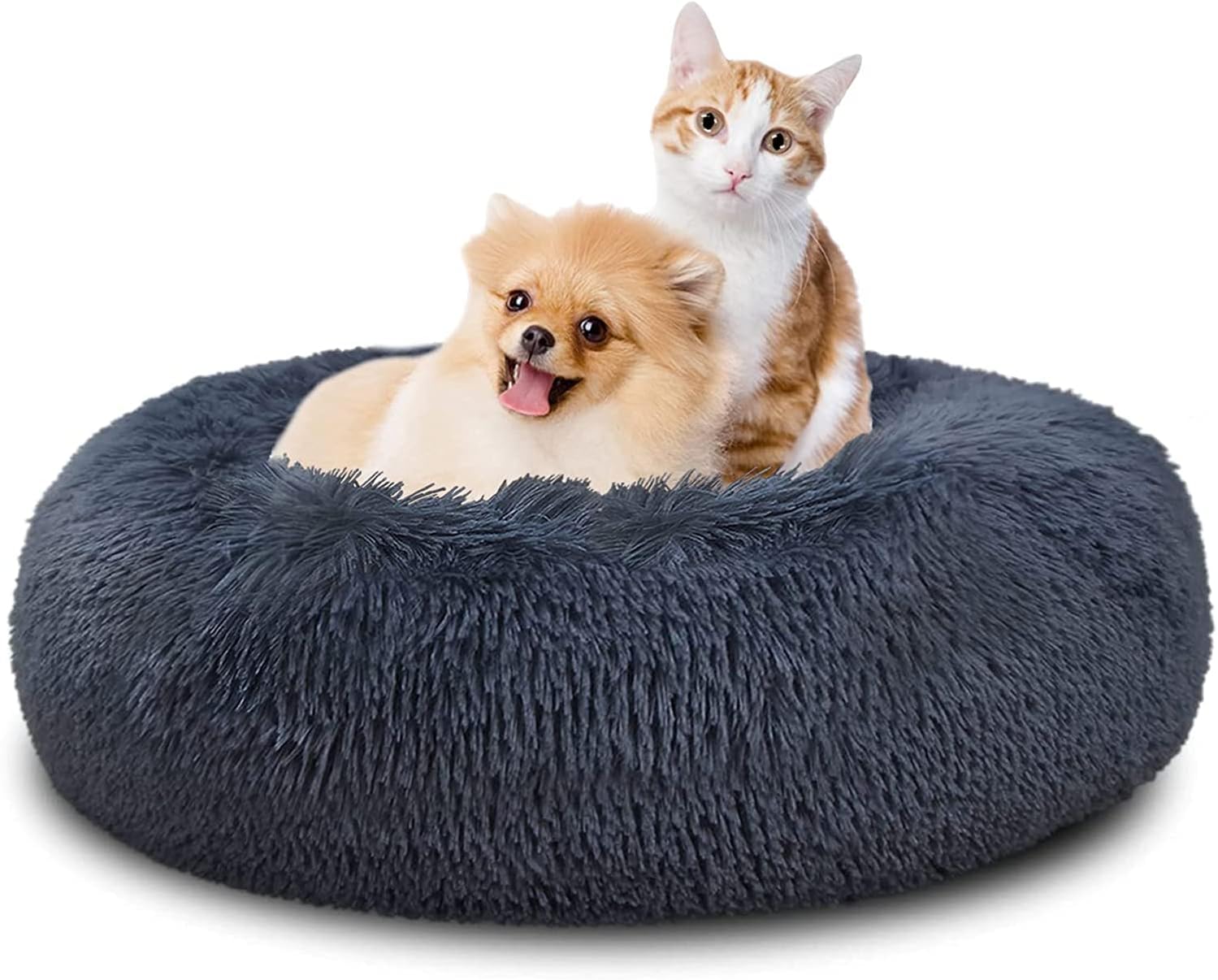 Plush Calming Donut Dog Beds for Small Dogs, Medium, Large & X-Large Breeds, Comfy Cuddler Dog Bed and Cat Bed in Faux Fur, Washable, Multiple Sizes S-XXL