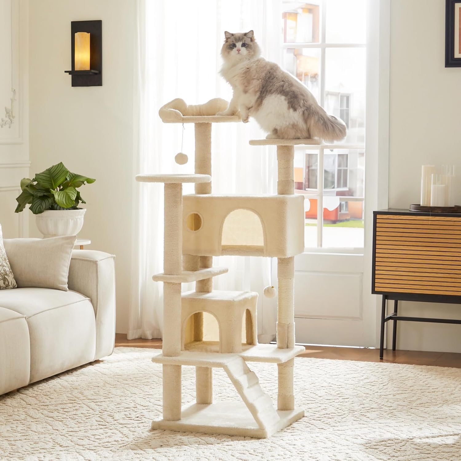54 Inch Cat Tree Tower, Multi-Level with Cat Scratching Post, Indoor Cat Condo with Climbing Ladder, Plush Toy, Play House for Cat, Dove Beige