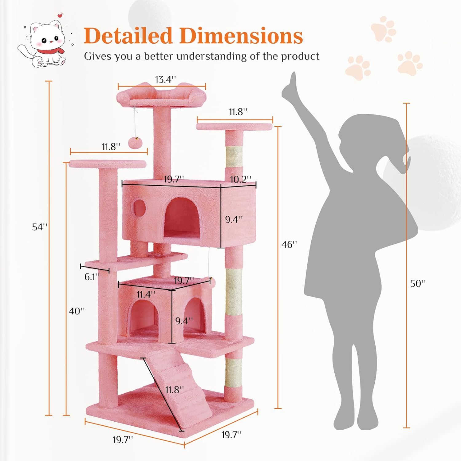 54 Inch Cat Tree Tower, Multi-Level with Cat Scratching Post, Indoor Cat Condo with Climbing Ladder, Plush Toy, Play House for Cat, Pink