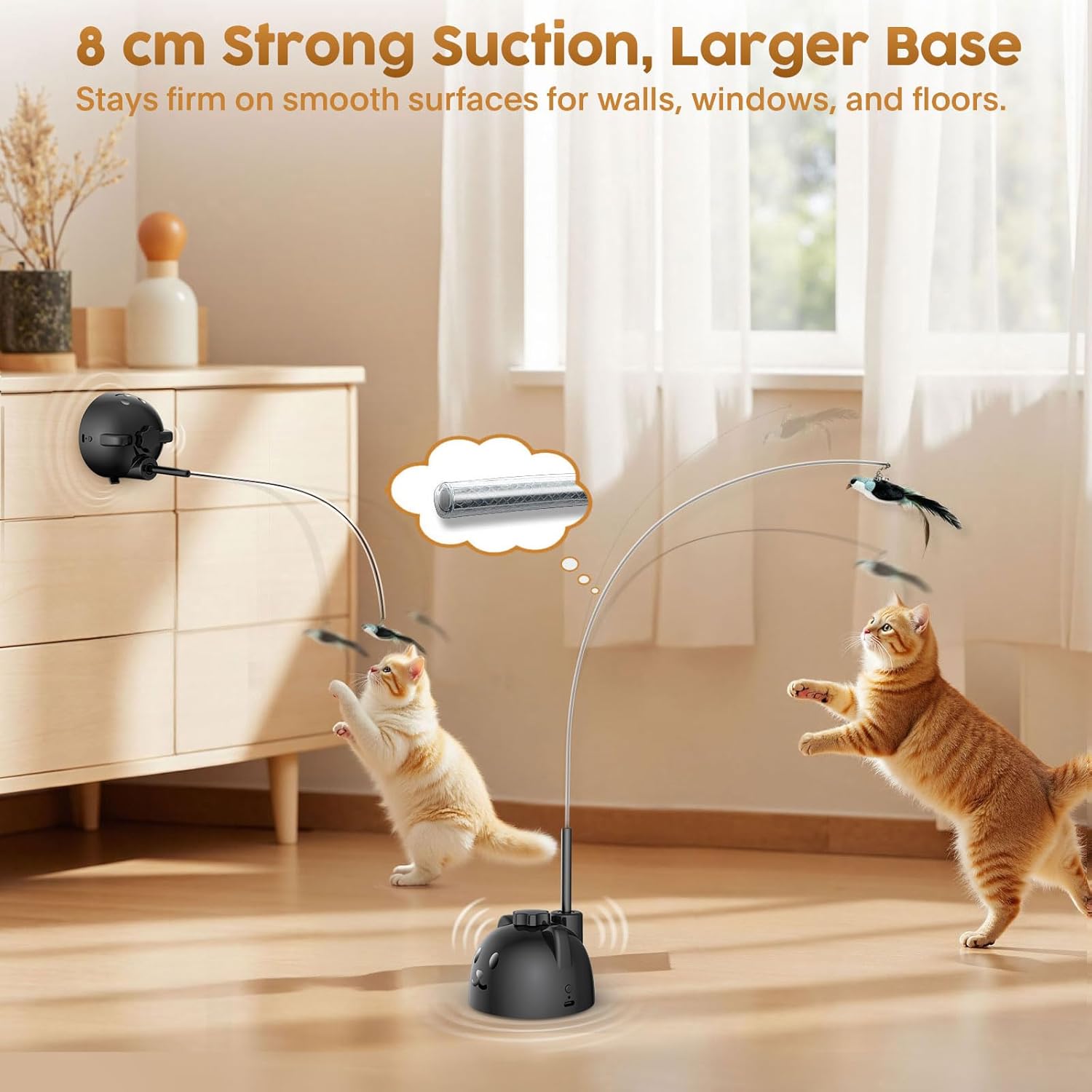 Interactive Cat Toys for Indoor Cats: Upgraded 360° Automatic Spin Flying Bird Feather Wand with Silicone Protected Rod Safe Play, Strong 8cm Suction Cup, USB-Rechargeable for Bored Kittens and Adult