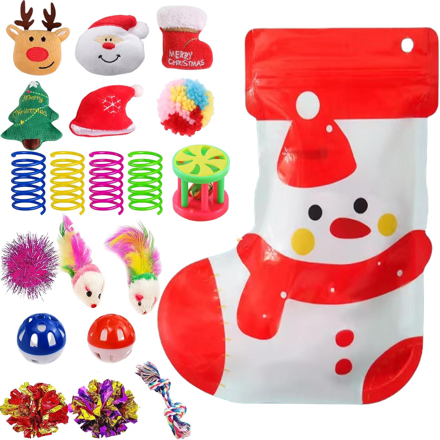 Christmas Cat Toys 19pcs, Christmas Stocking Assorted Toys Cat Gifts with Ball Toy, Cat Spring Toy, Mouse, Crinkle Balls, Interactive Cat Toy for Indoor Cats