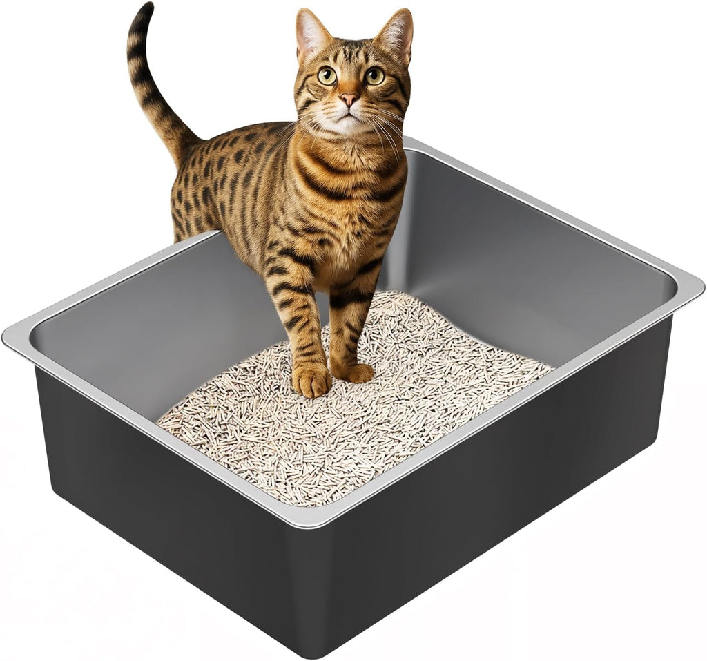 Steel Litter Box - High Sided Metal Cat Litter Box Pan, Never Absorbs Smell, Easy to Clean Non Stick Cat Litterbox Tray Toilet Pet Supplies for Indoor Kitty, Kitten, Rabbit, Puppy