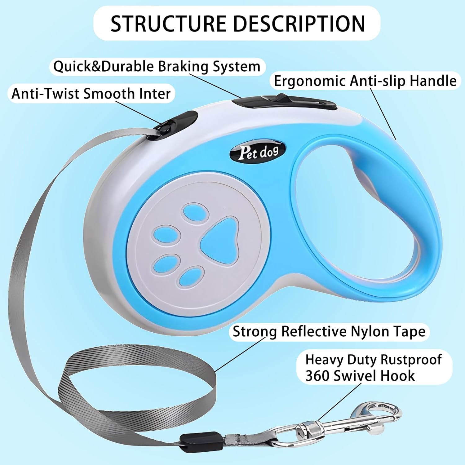 Retractable Dog Leash with One-Hand Brake – 16 ft (Blue)
