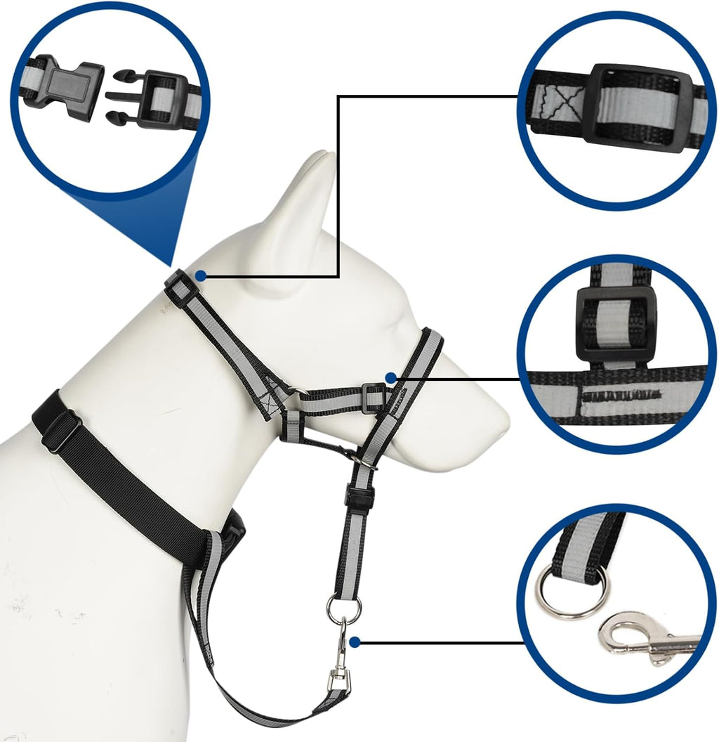 Reflective Head Collar, No Pull Collar for Large Dogs, Anti-Pull Muzzle Leash for Large Sized Breed, Adjustable Soft Dog Halter, Nose Leash for Easy Control on Walks