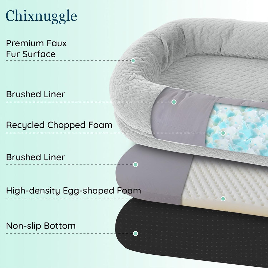 Human Dog Bed for Adult - Luxury Faux Fur Giant Size Dog Bed with Portable Handle, Egg Orthopedic Foam with Blanket, Light Grey