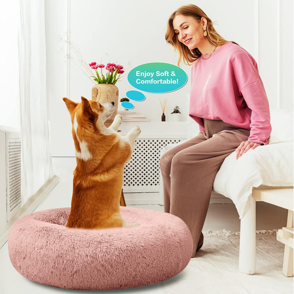 Plush Calming Dog & Cat Bed - Donut Shaped, Multiple Sizes S-XXL, Comfortable Cuddler in Washable Faux Fur