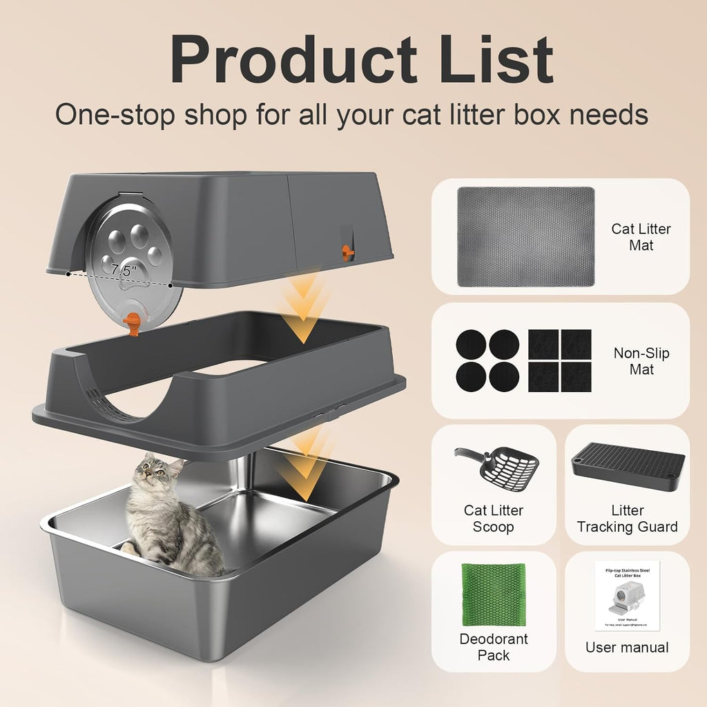 Steel Litter Box with Lid XL Extra Large Litter Box Enclosed Top Entry Metal Litterbox for Big Cats Easy Cleaning Less Leakage & High Sided with Mat Aisle & Scoop
