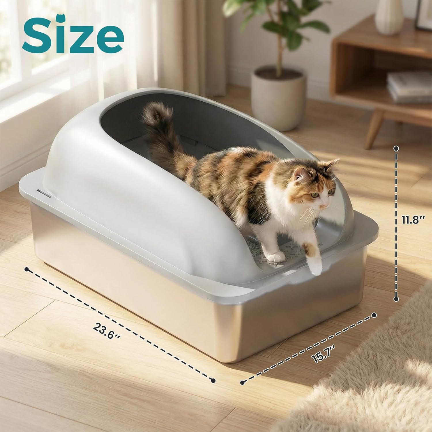 Stainless Steel Cat Litter Box with Lid, Large Cat Litter Box for Big Cats, High Wall Sides, Anti-Urine Leakage, Easy Cleaning, Scoop and Mat Included,light Grey