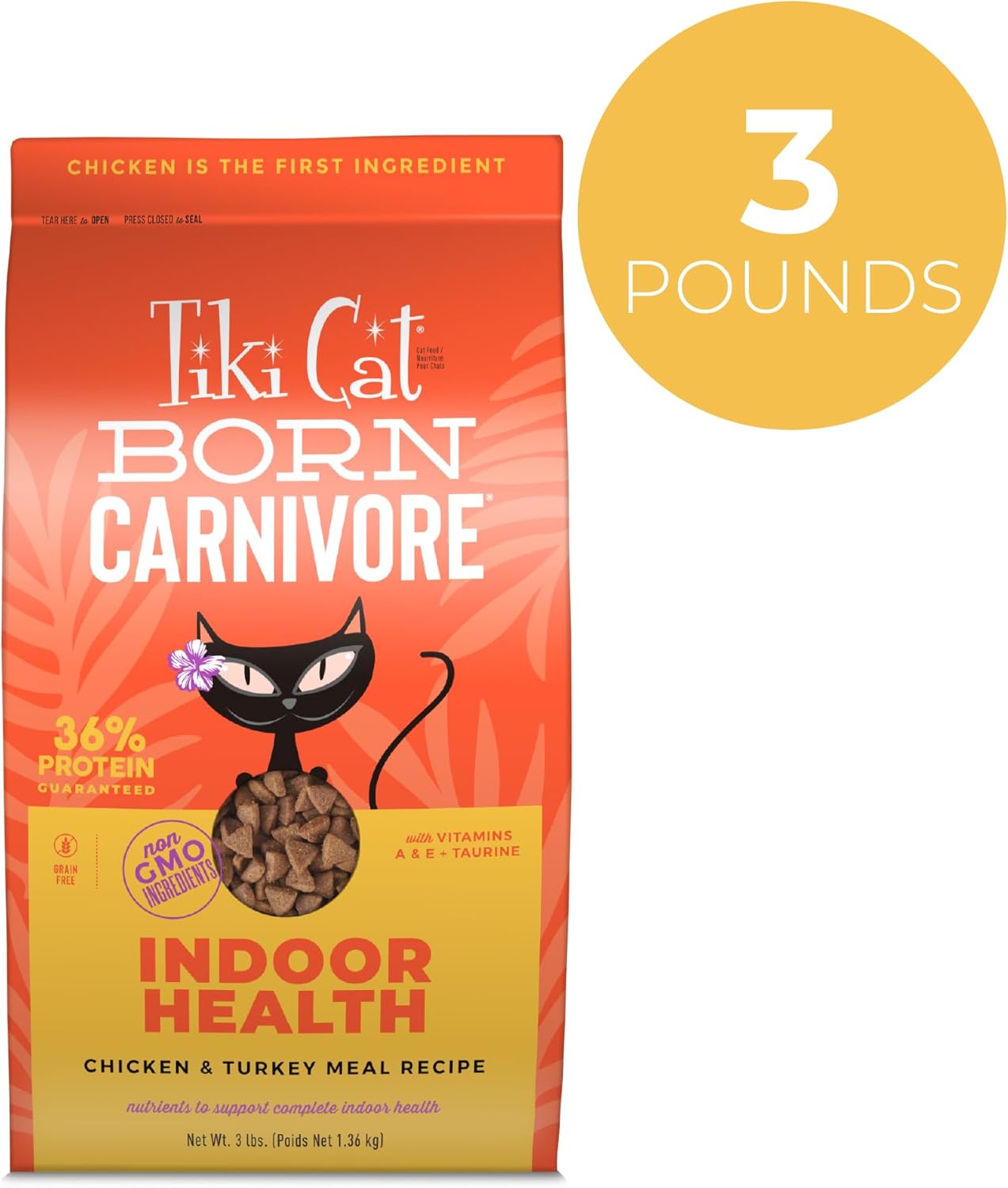 Cat Born Carnivore High Protein, Indoor Health, Chicken and Turkey Meal Recipe, Grain-Free Baked Kibble to Maximize Nutrients, Dry Cat Food, 3 lb. Bag