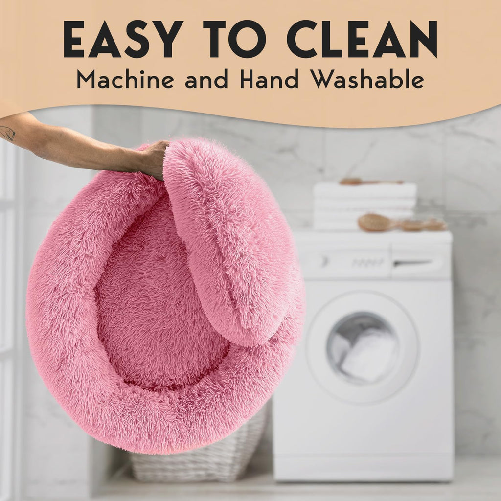 PetJett Calming Large Dog Bed -' Donut Dog Beds, Anti-Slip & Washable Large Round Bed, Fluffy Faux Fur Pet Bed, Super Soft Anti-Anxiety Premium Comfort Bed, Fits Dog - Pink