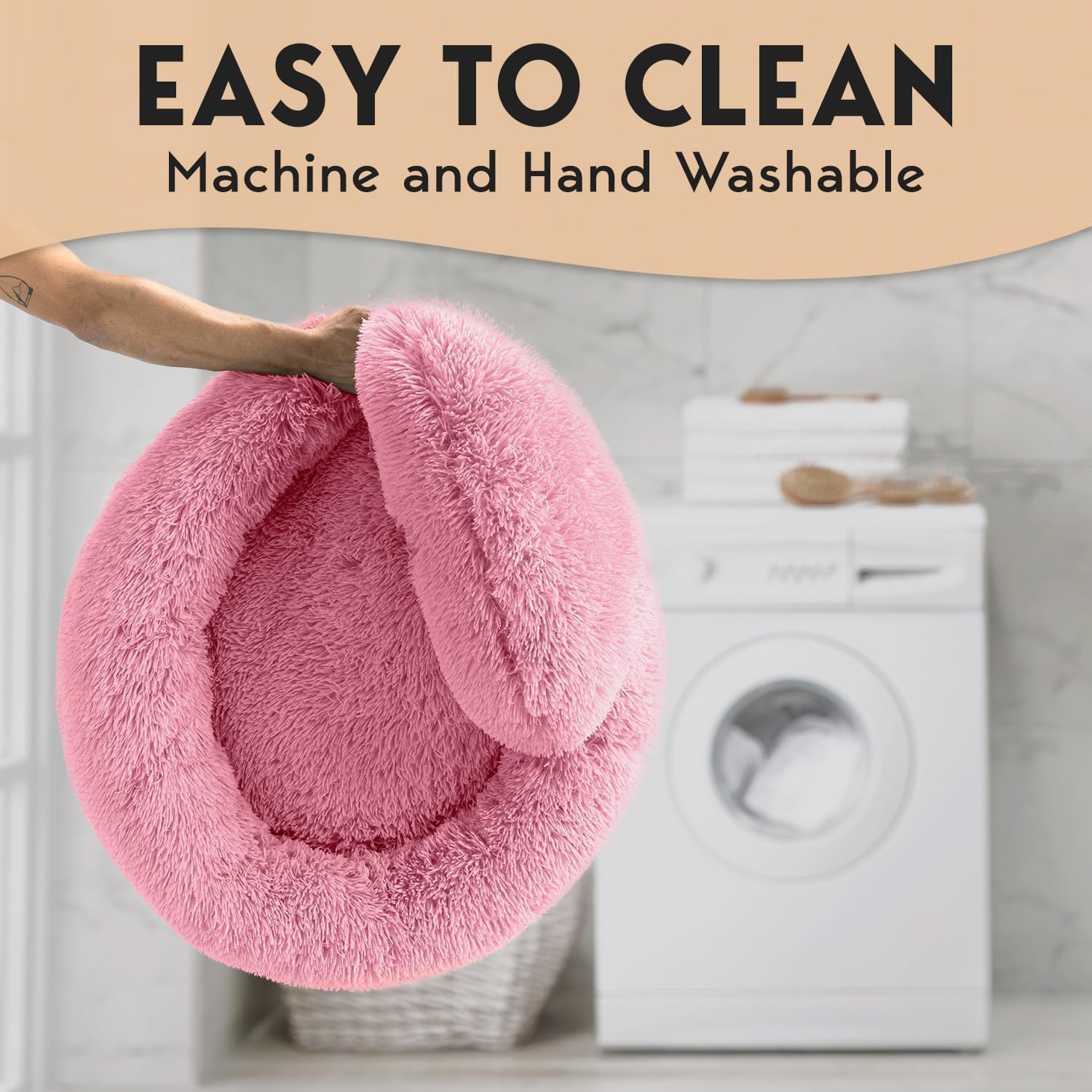 PetJett Calming Large Dog Bed -' Donut Dog Beds, Anti-Slip & Washable Large Round Bed, Fluffy Faux Fur Pet Bed, Super Soft Anti-Anxiety Premium Comfort Bed, Fits Dog - Pink