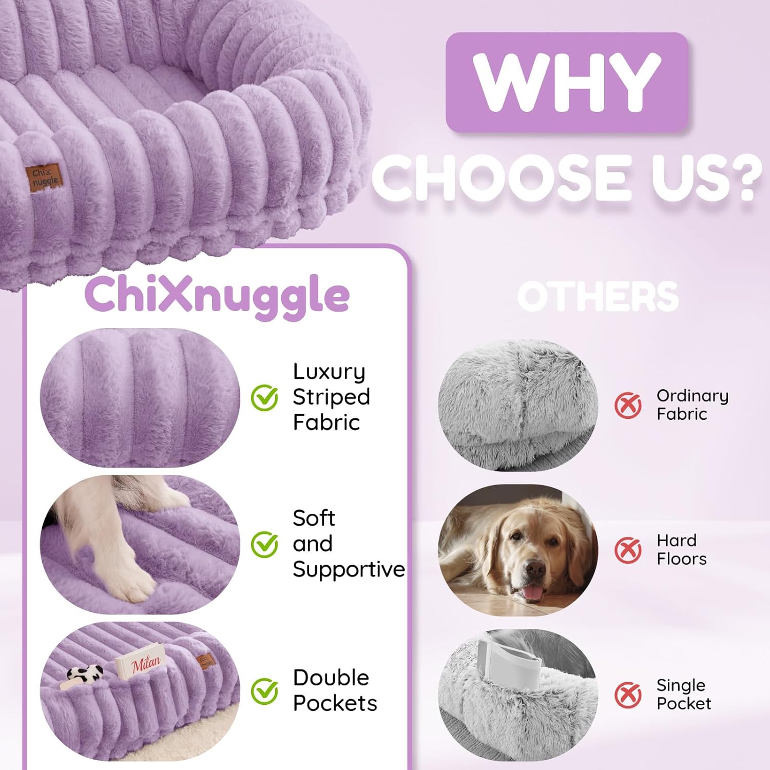 Human Dog Bed for Adult - Luxury Striped Faux Fur Giant Dog Bed with Portable Handle, Egg Orthopedic Foam Pad with Thick Blanket,, Purple