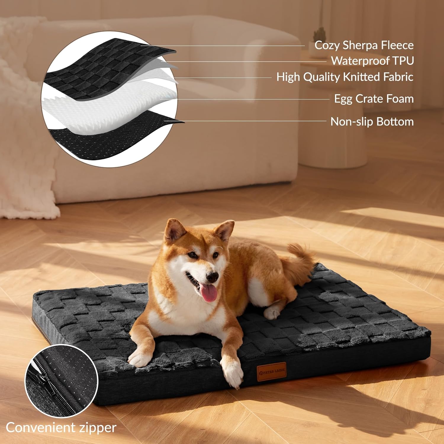 Orthopedic Dog Bed Waterproof Soft Comfortable Egg Crate Foam Large Pet Beds Crate Mat with Removable Washable Cover and Nonskid Bottom, Black