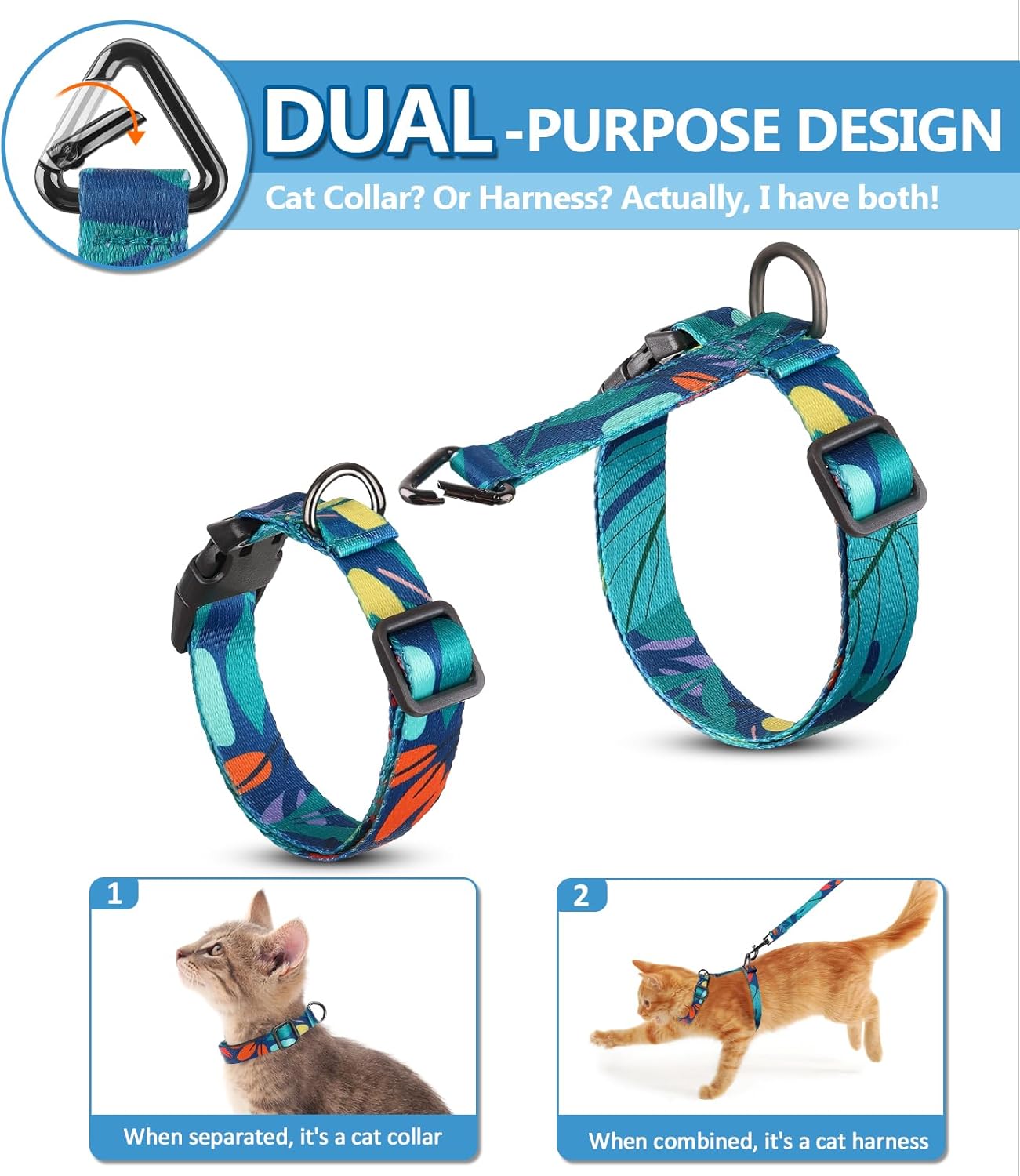 Cat Harness and Leash Set, 3-in-1 Adjustable & Lightweight, Escape-Proof, Comfortable Soft Kitten Harness for Large Cats, Safe, Easy to Wear, Outdoor Walking Travel