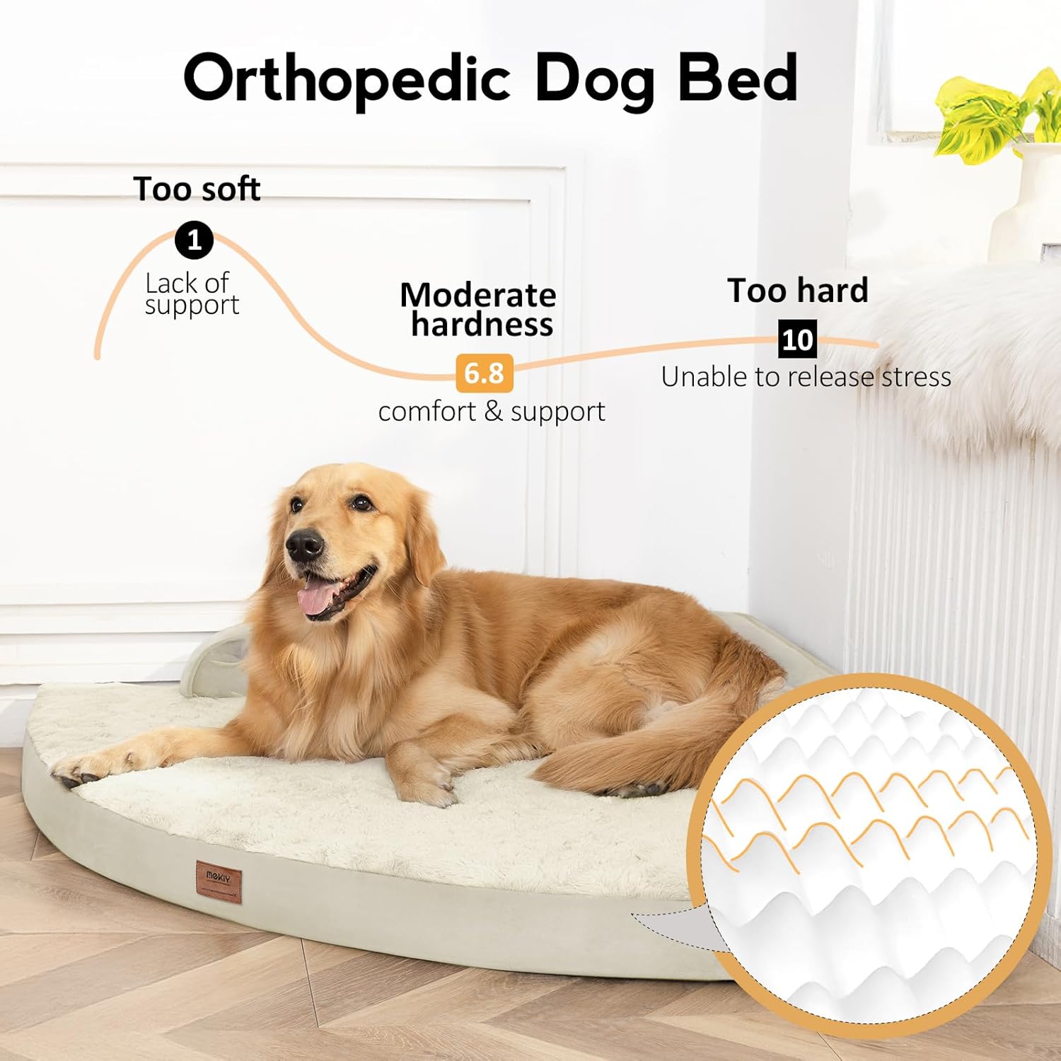 Large Dog Bed - Orthopedic Egg-Crate Memory Foam Dog Beds with Removable Washable Cover, Waterproof Pet Beds with Non-Slip Bottom, Beige