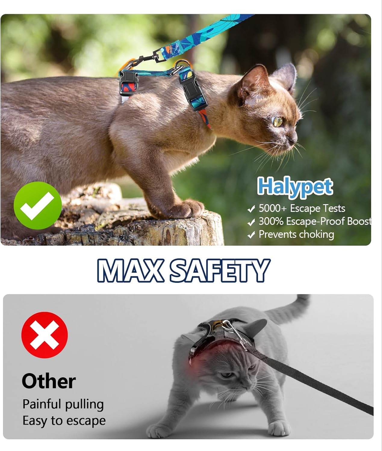 Cat Harness and Leash Set, 3-in-1 Adjustable & Lightweight, Escape-Proof, Comfortable Soft Kitten Harness for Large Cats, Safe, Easy to Wear, Outdoor Walking Travel