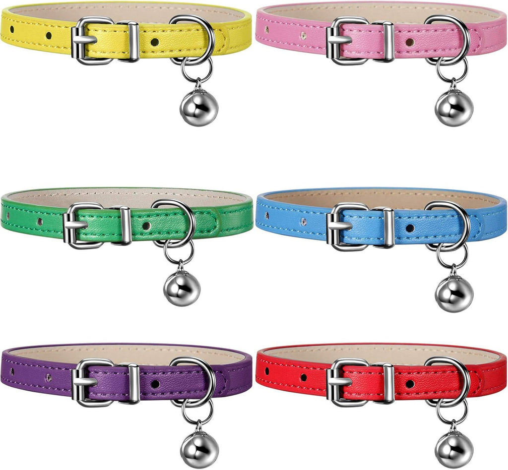 6 Pieces Leather Cat Collar with Bell Cute Pet Leather Kitten Collar for Boy Girl Cats with Safety Elastic Strap for Small Kitten Puppy
