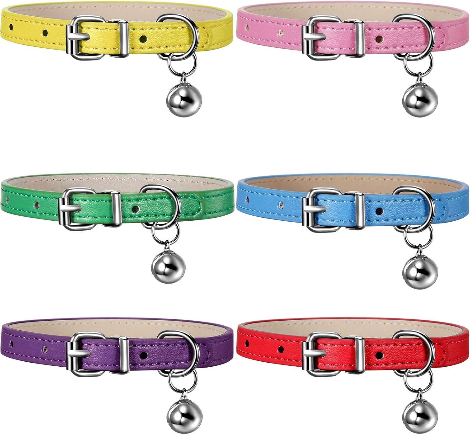 6 Pieces Leather Cat Collar with Bell Cute Pet Leather Kitten Collar for Boy Girl Cats with Safety Elastic Strap for Small Kitten Puppy