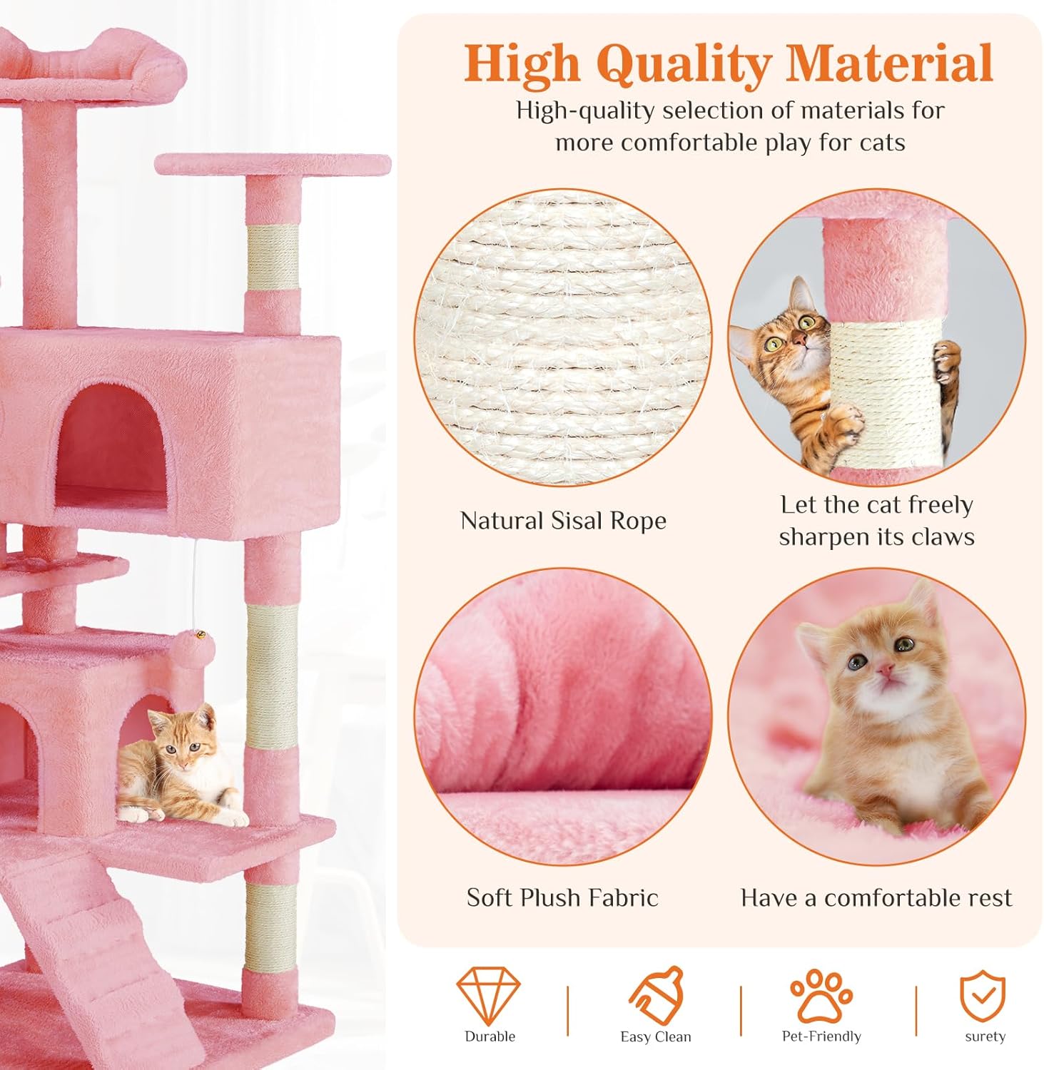 54 Inch Cat Tree Tower, Multi-Level with Cat Scratching Post, Indoor Cat Condo with Climbing Ladder, Plush Toy, Play House for Cat, Pink