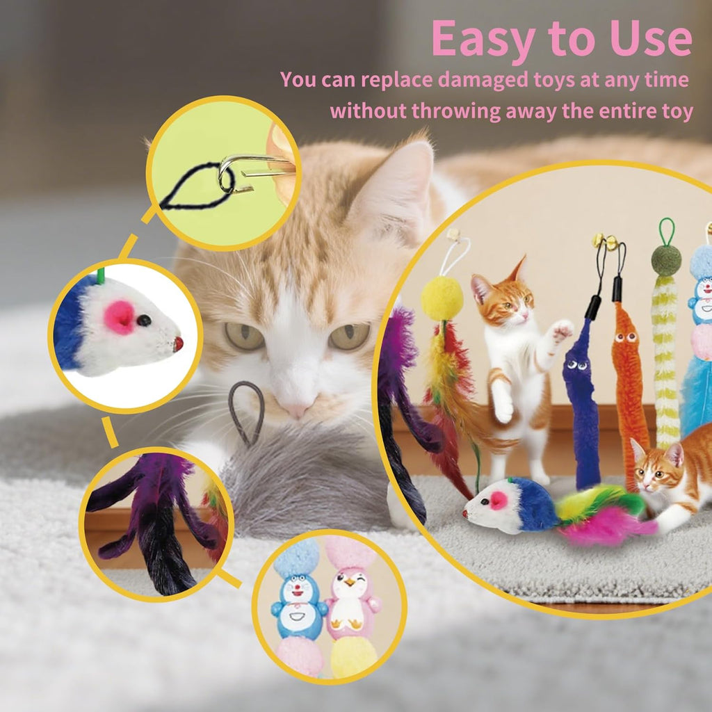 Cat Wand Toy Accessories, Cat Feather Toy Attachments Replacements, Mouse Toy and Tassels Strip for Indoor Cats Kitten