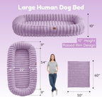 Human Dog Bed for Adult - Luxury Striped Faux Fur Giant Dog Bed with Portable Handle, Egg Orthopedic Foam Pad with Thick Blanket,, Purple