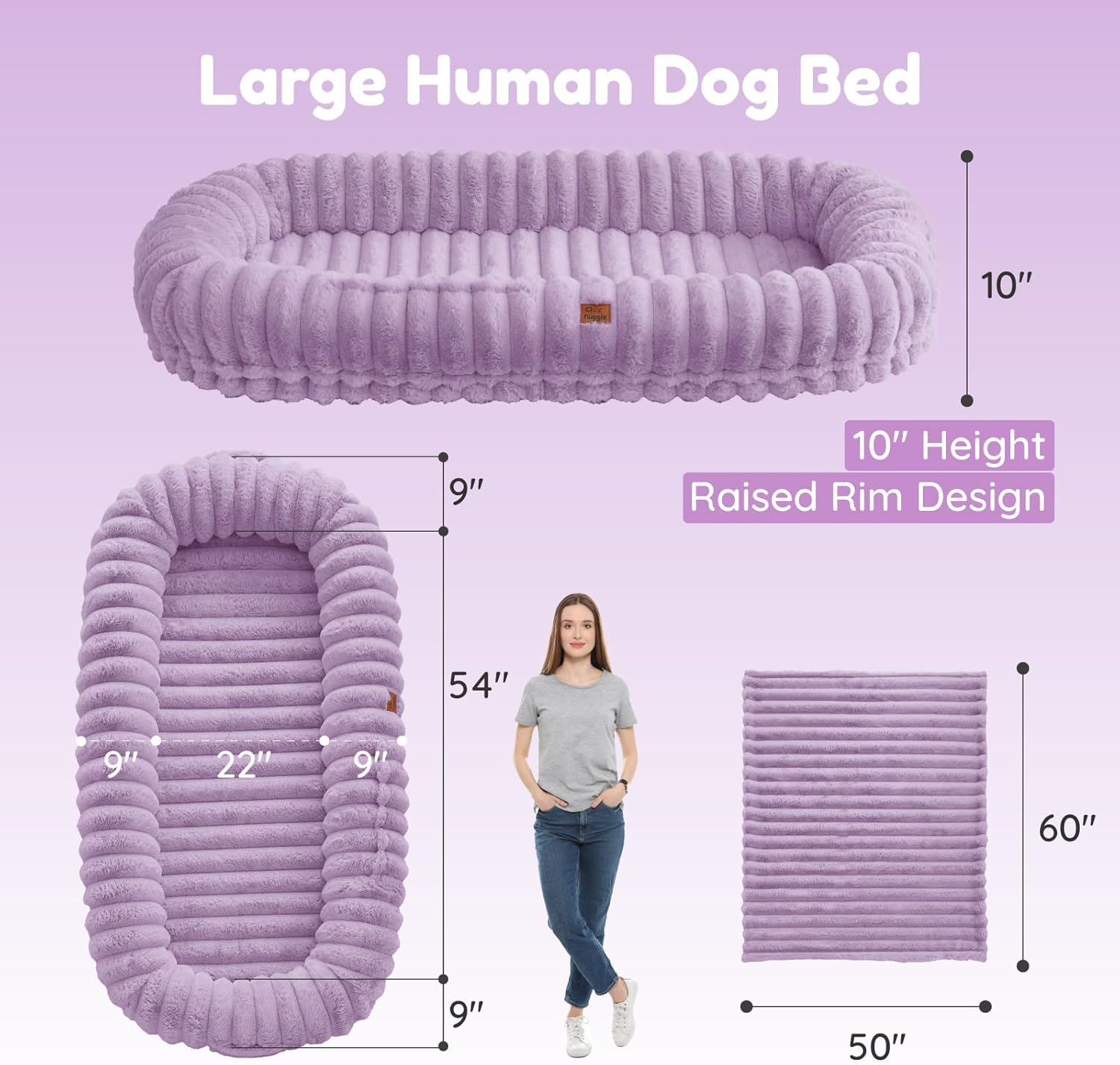 Human Dog Bed for Adult - Luxury Striped Faux Fur Giant Dog Bed with Portable Handle, Egg Orthopedic Foam Pad with Thick Blanket,, Purple