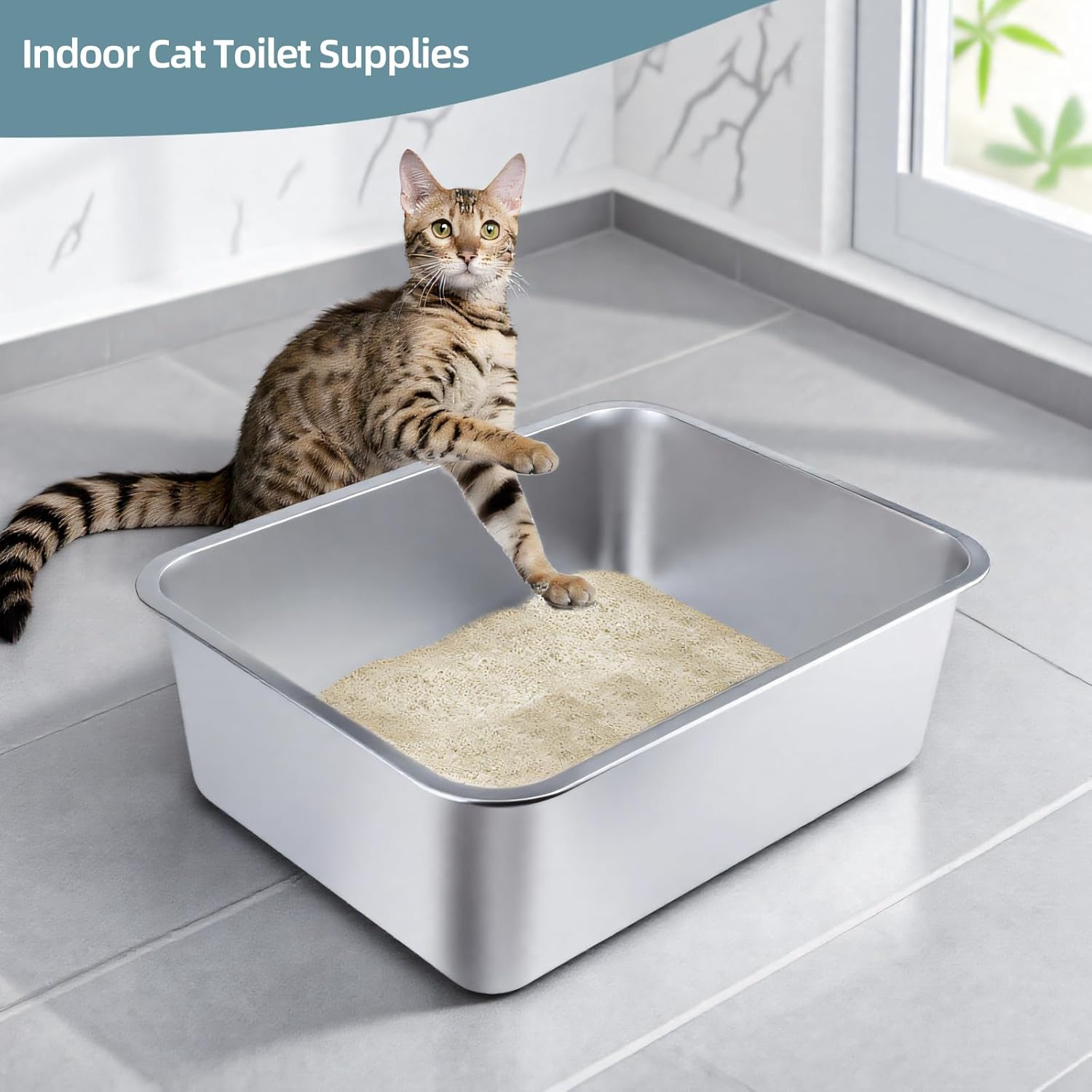 Cat Litter Box - Metal High-Sided Litter Pan for Cats, Rabbits, and Pets, Non-Stick, Odor-Free, Easy to Clean, Splash-Proof, Sturdy and Durable Indoor Cat Toilet Supplies