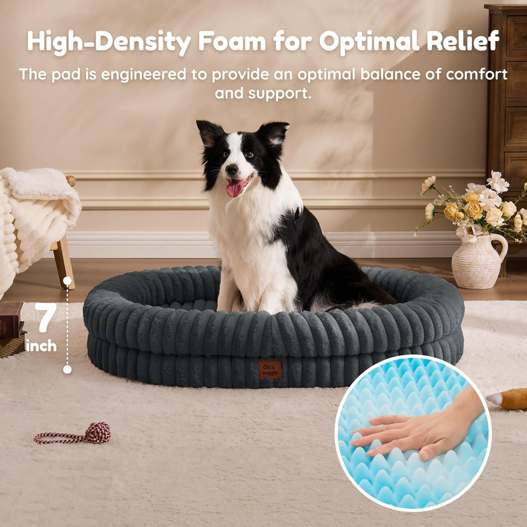 Dog Bed - Luxury Striped Faux Fur Waterproof Pet Couch with Removable Washable Cover, Orthopedic Dog Bed with Bolster Sides for Sleeping, Dark Grey