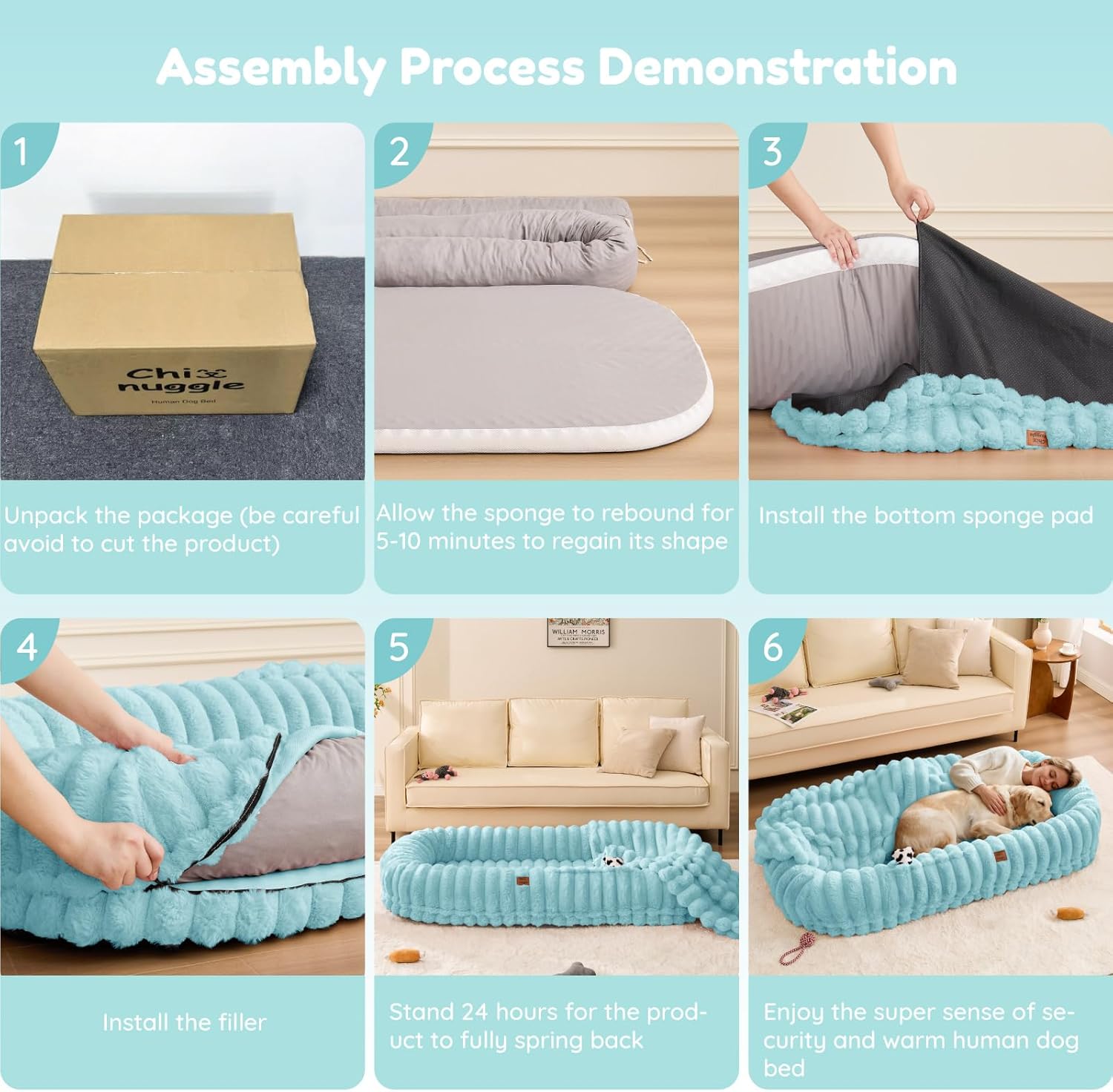 Human Dog Bed for Adult - Luxury Striped Faux Fur Giant Dog Bed with Portable Handle, Egg Orthopedic Foam Pad with Thick Blanket,Blue