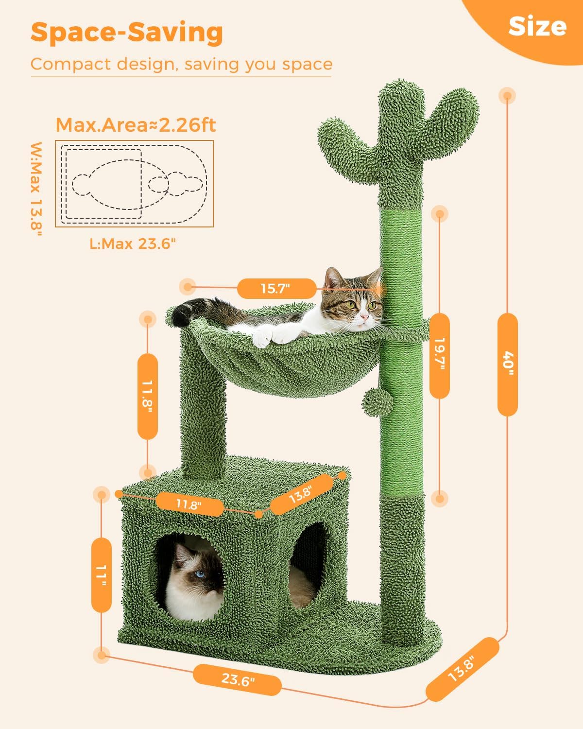 Cactus Cat Tree 40" Cat Tower with Large Metal Carpet Hammock, Cat Scratching Post for Indoor Cats with Condo & Replaceable Toy Ball, Green