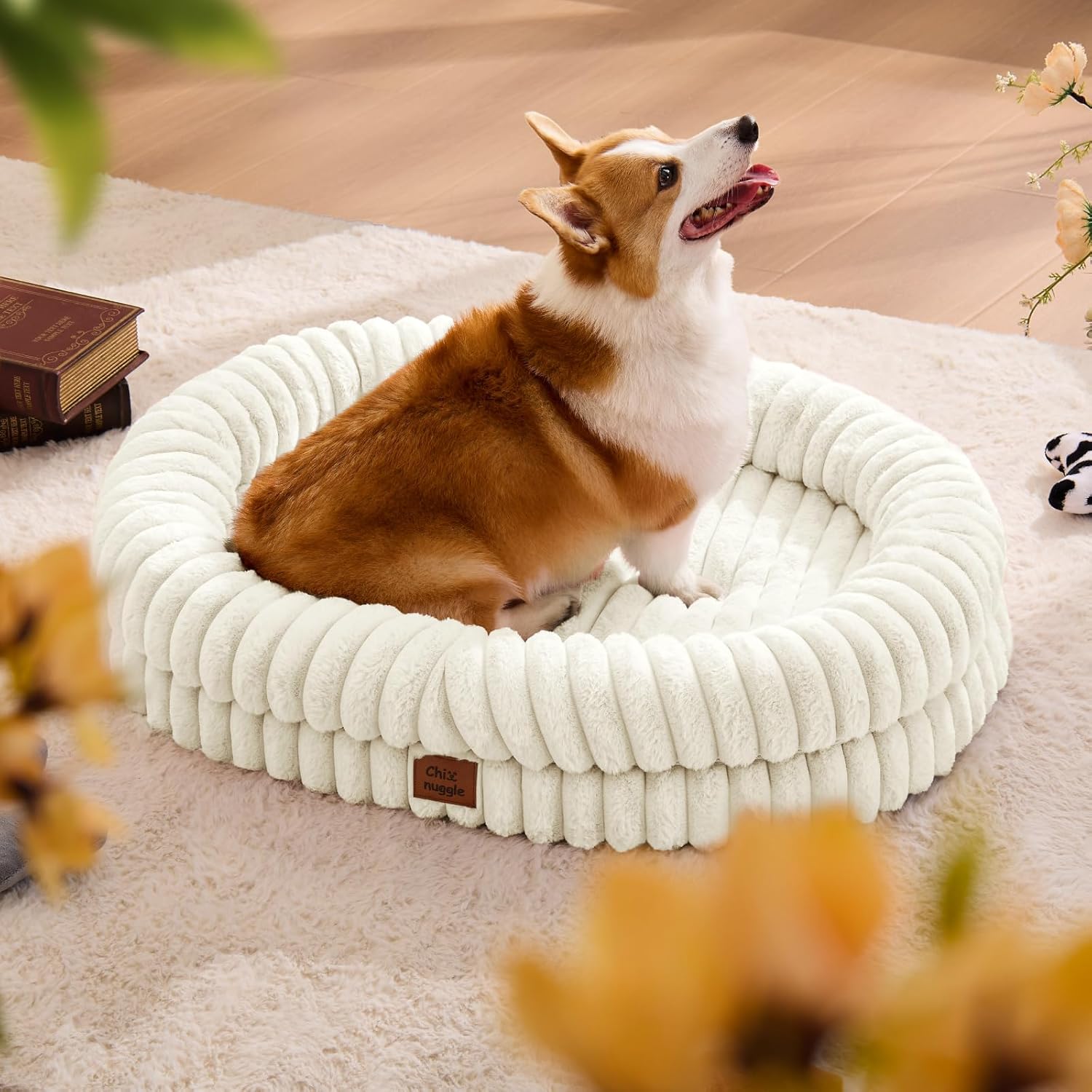 Human Dog Bed for Adult - Luxury Striped Faux Fur Giant Dog Bed with Portable Handle, Egg Orthopedic Foam Pad with Thick Blanket, , Cream