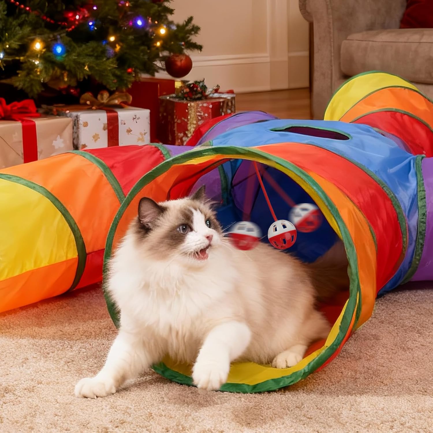 Cat Tunnels for Indoor Cats, Pet Tube Toy with Play Ball and Toy Mouse, Christmas S-Shape Collapsible Tunnel with Interactive Hole for Kitty, Kitten, Rabbit, Puppy (Rainbow)