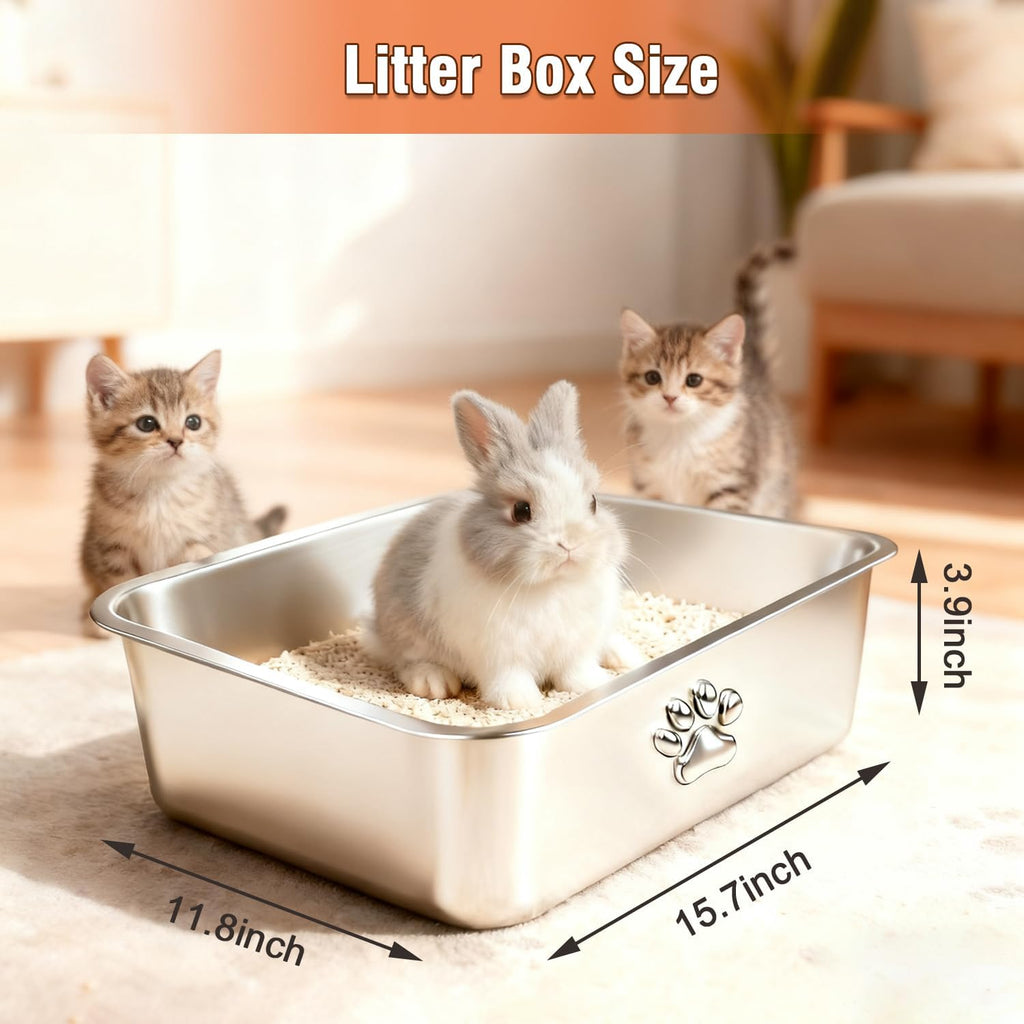 Steel Litter Box, Metal Cat Litter Box with High Sides, Never Absorbs Odors, Non-Stick, Easy to Clean, Small Litter Tray for Kittens, Litter Tray