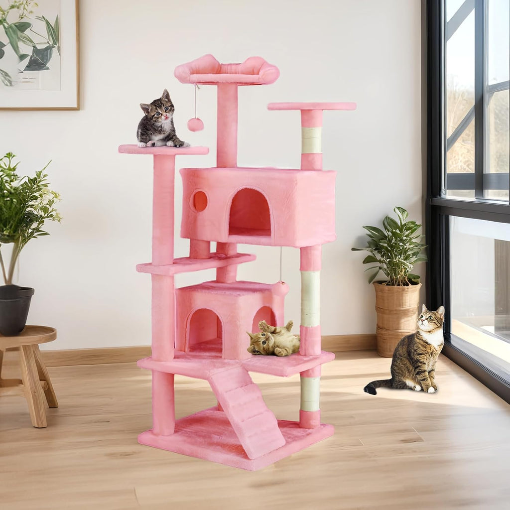 54 Inch Cat Tree Tower, Multi-Level with Cat Scratching Post, Indoor Cat Condo with Climbing Ladder, Plush Toy, Play House for Cat, Pink