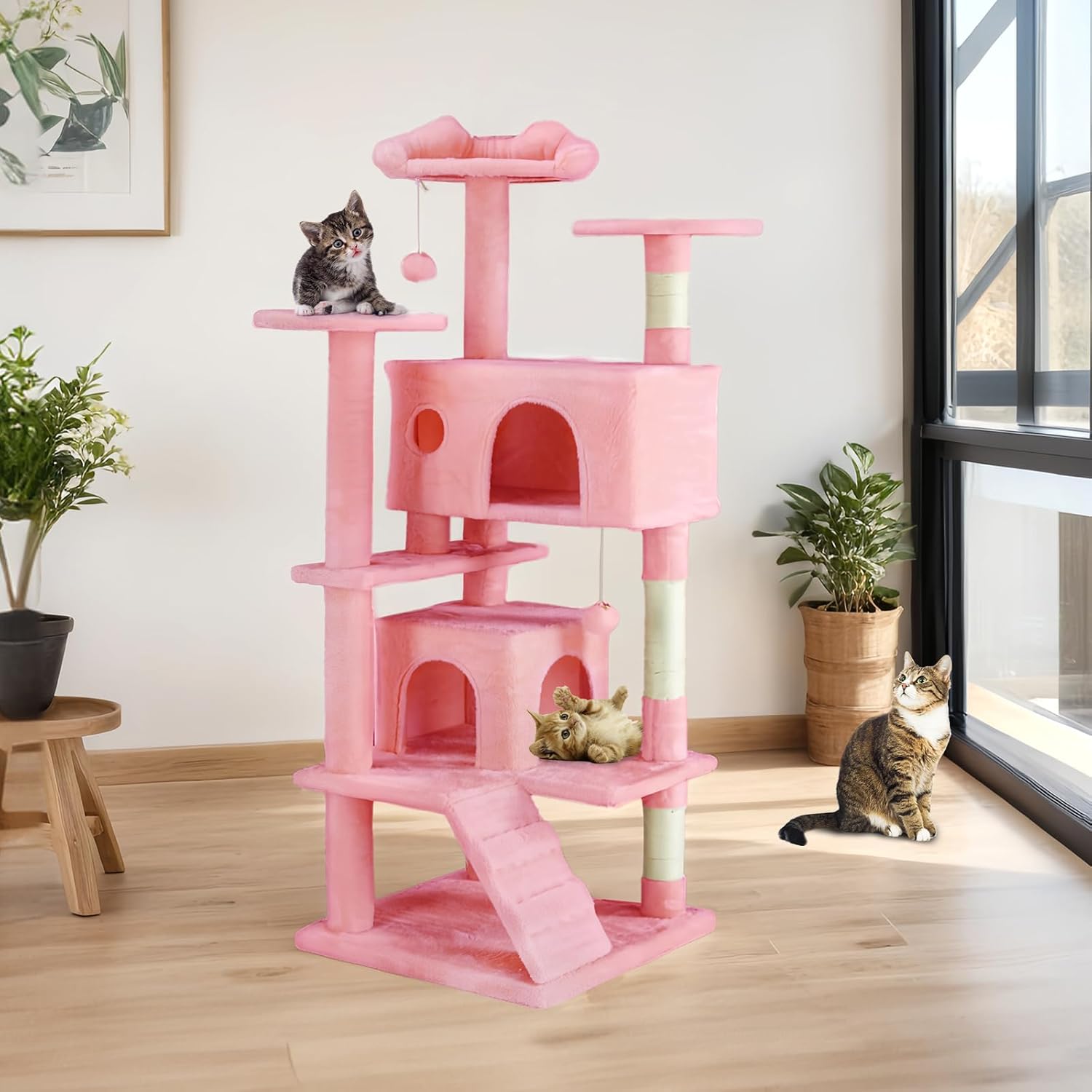 54 Inch Cat Tree Tower, Multi-Level with Cat Scratching Post, Indoor Cat Condo with Climbing Ladder, Plush Toy, Play House for Cat, Pink