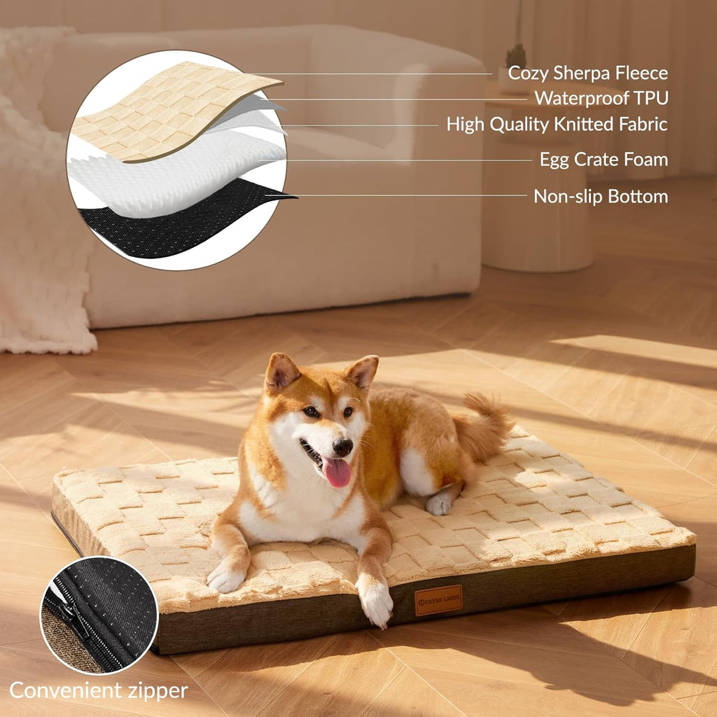 Orthopedic Dog Bed Waterproof Soft Comfortable Egg Crate Foam Large Pet Beds Crate Mat with Removable Washable Cover and Nonskid Bottom, (Brown)