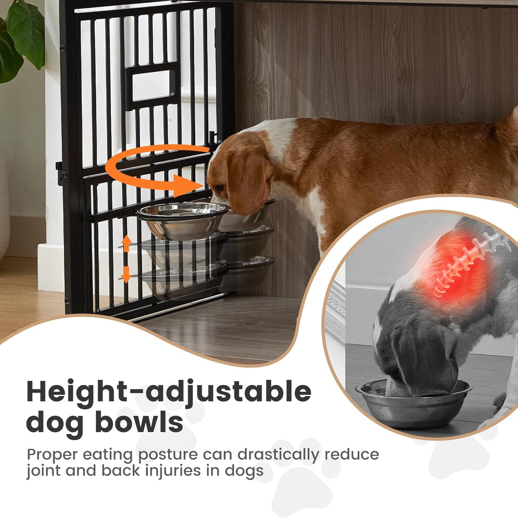 Heavy Duty Dog Crate Furniture for Puppy/Small Dogs, Decorative Pet House End Table with 3 Doors, Wooden Cage Kennel Furniture Indoor, Rustic Grey - Without Bowls