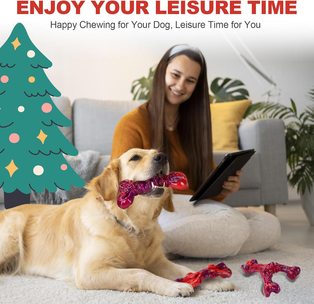 Indestructible Dog Toys for Aggressive Chewers 3-Pack: Tough Nylon Chew Toys for Medium & Large Dogs 25–80 lbs, Beef Flavor, Heavy-Duty Dog Chew Bone, Holiday Dog Gift (Red)