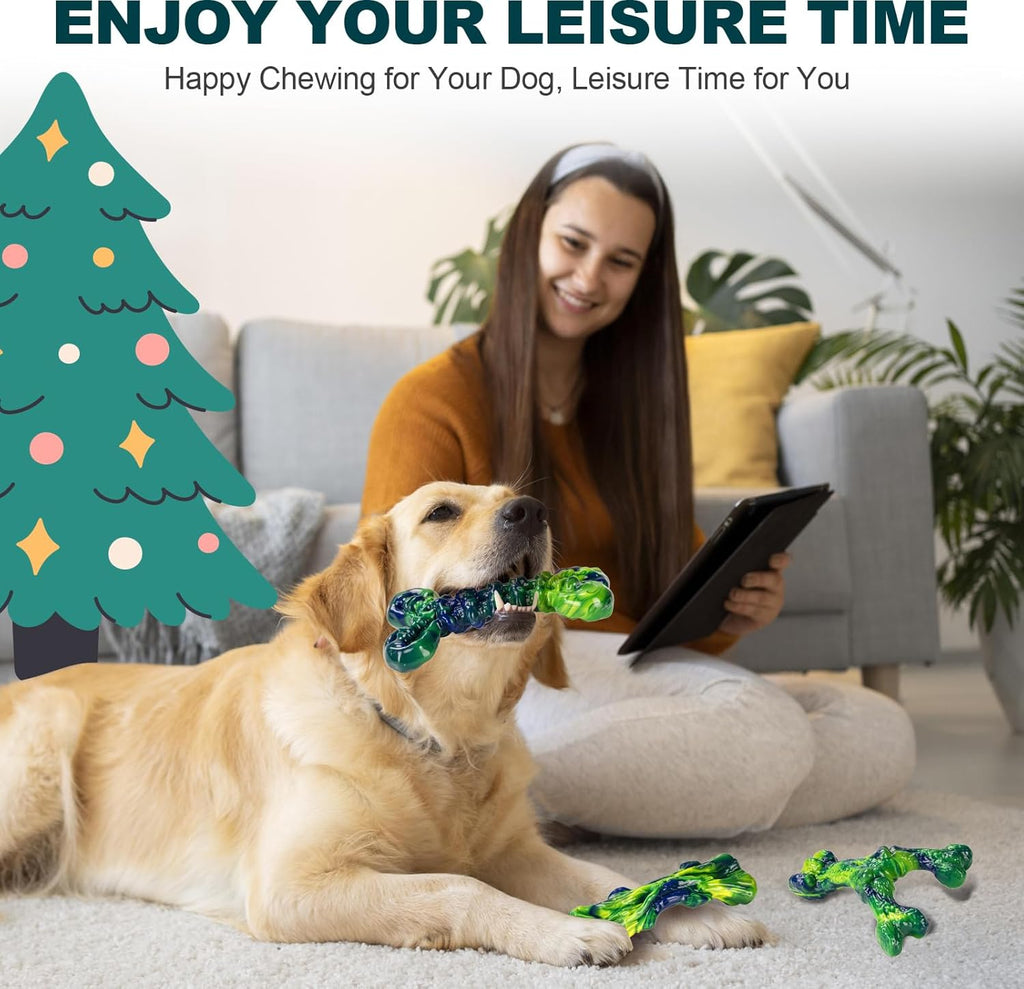 Indestructible Dog Chew Toys for Aggressive Chewers: 3-Pack Peanut Butter Nylon Chew Bones for Medium & Large Dogs 25–80 lbs, Tough Chewable Shapes, Long-Lasting Holiday Dog Gift (Green)