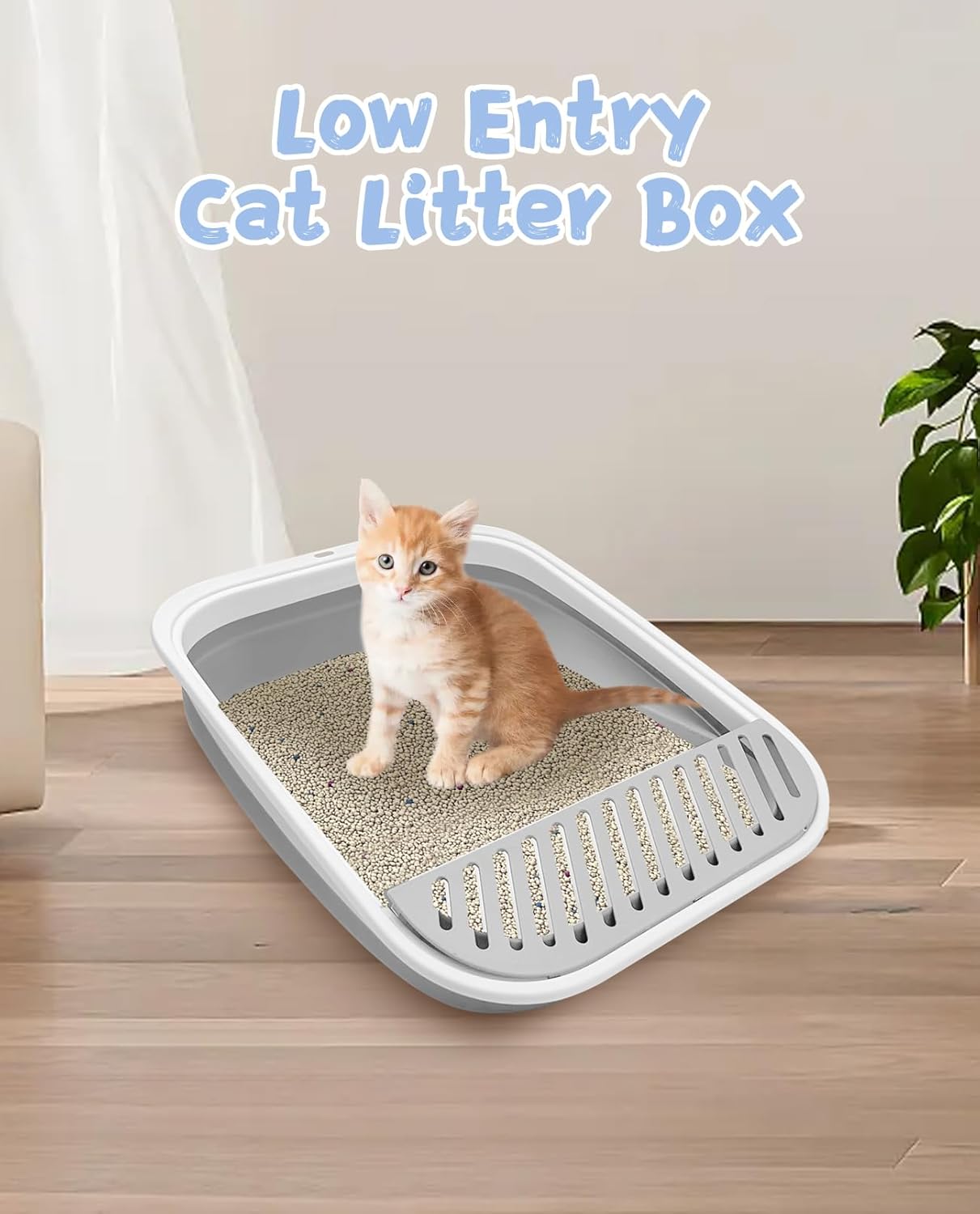 Kitten Litter Box Low Entry Litter Box for Senior Cats - Shallow Cat Litter Pan Collapsible Litterbox for Travel Grey