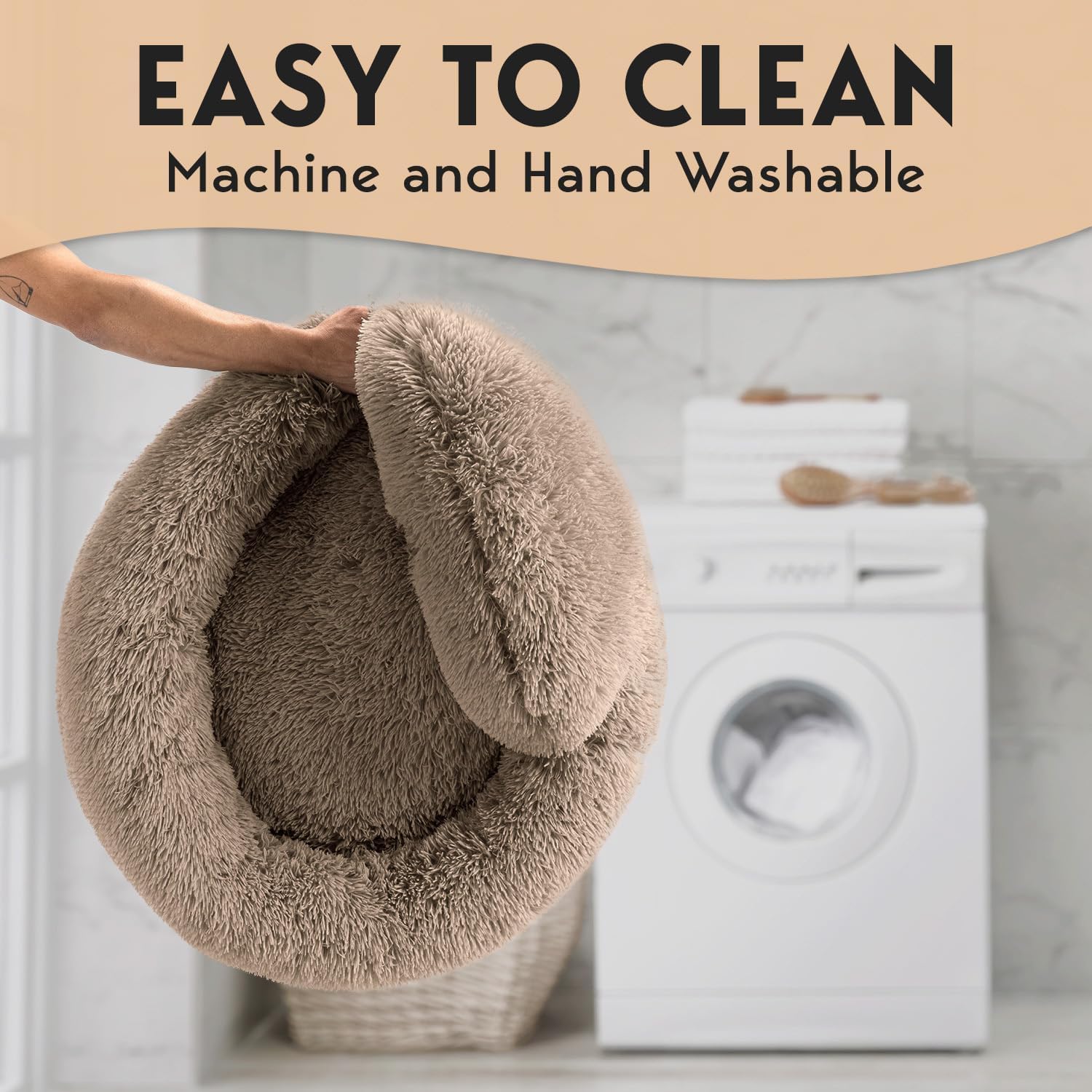 PetJett Calming Medium Dog Bed - Round Dog Beds, Anti-Slip & Washable Super Soft Fluffy Plush Donut Bed, Anti-Anxiety Premium Comfort Pet Bed, Fits Dogs - Beige