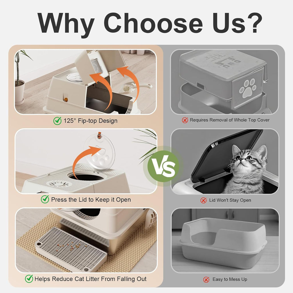 Steel Litter Box with Lid XL Extra Large Litter Box Enclosed Top Entry Metal Litterbox for Big Cats Easy Cleaning Less Leakage & High Sided with Mat Aisle & Scoop