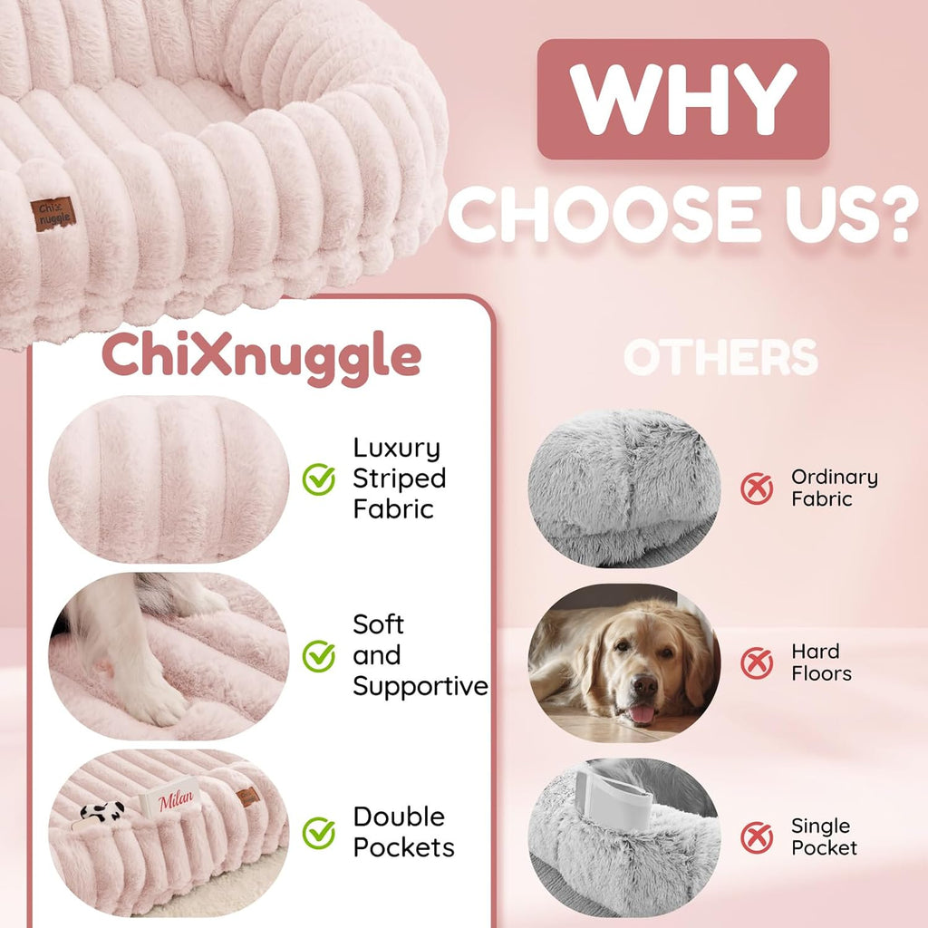 Human Dog Bed for Adult - Luxury Striped Faux Fur Giant Dog Bed with Portable Handle, Egg Orthopedic Foam Pad with Thick Warm Blanket, Pink