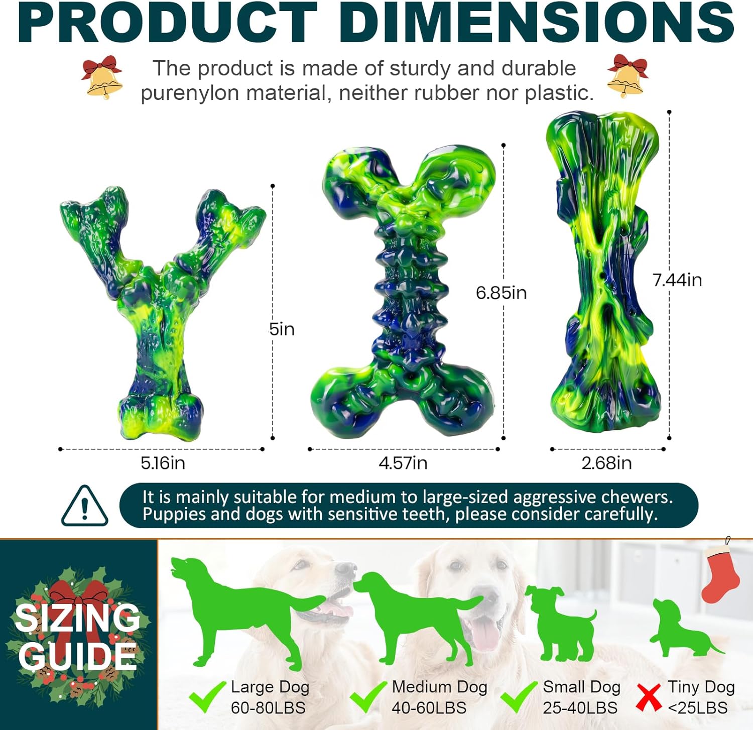 Indestructible Dog Chew Toys for Aggressive Chewers: 3-Pack Peanut Butter Nylon Chew Bones for Medium & Large Dogs 25–80 lbs, Tough Chewable Shapes, Long-Lasting Holiday Dog Gift (Green)