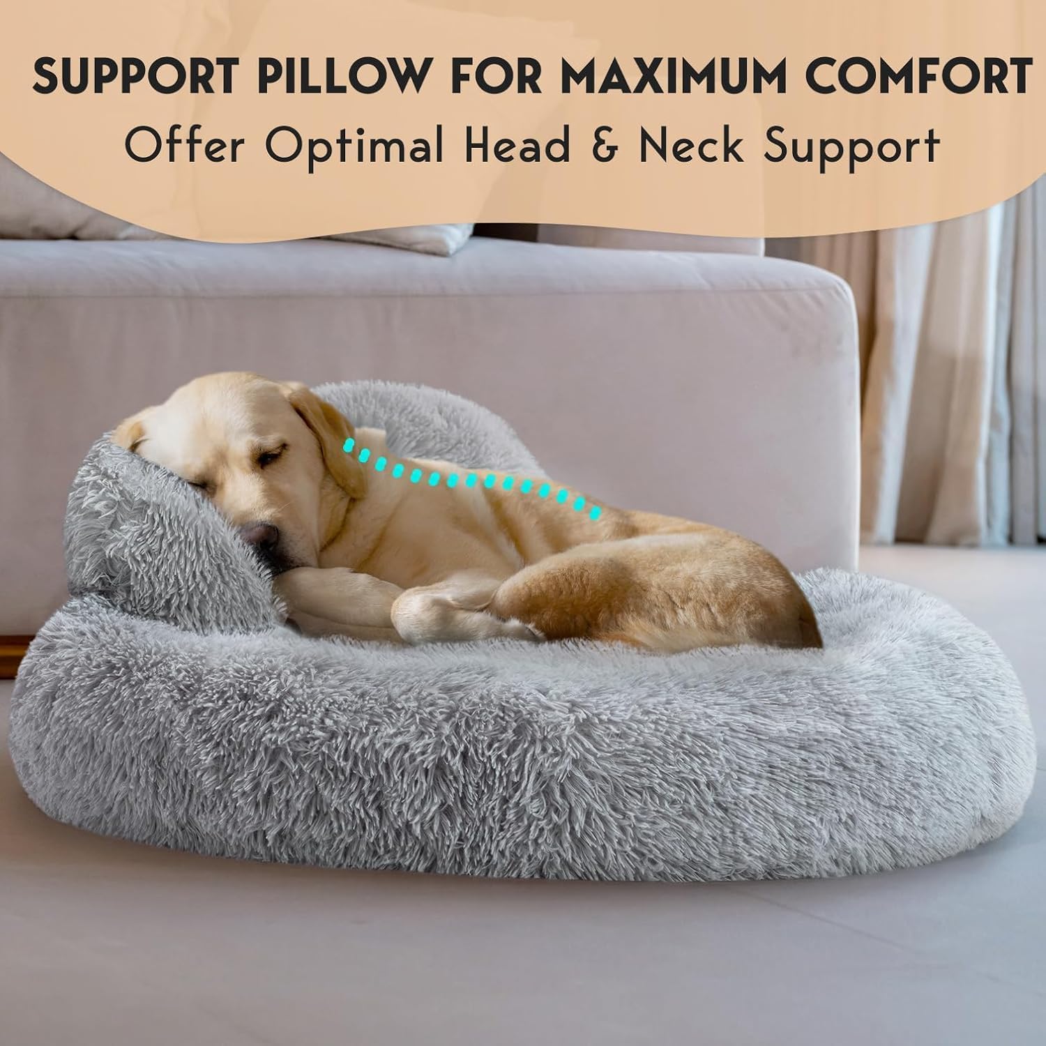 PetJett Calming Dog Beds Large Sized Dog - Round Bed, Anti-Slip & Washable Super Soft Donut Bed, Fluffy Faux Fur Anti-Anxiety Premium Comfort Pet Bed, Fits Dogs - Bright Grey