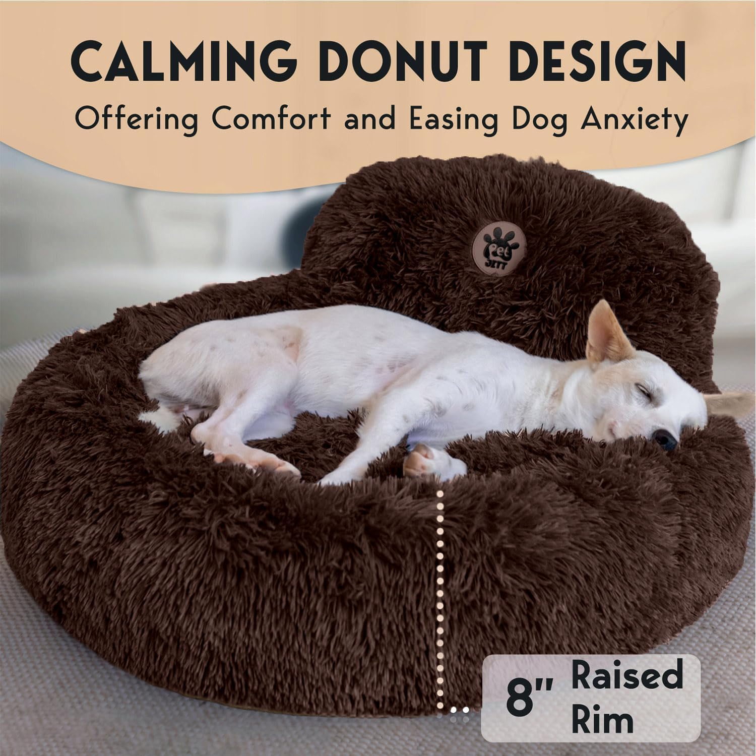 PetJett Calming Dog Bed Medium Size Dog -  Donut Bed, Anti-Slip & Washable Super Soft Fluffy Plush Round Bed, Anti-Anxiety Premium Comfort Pet Bed, Fits Dogs- Brown