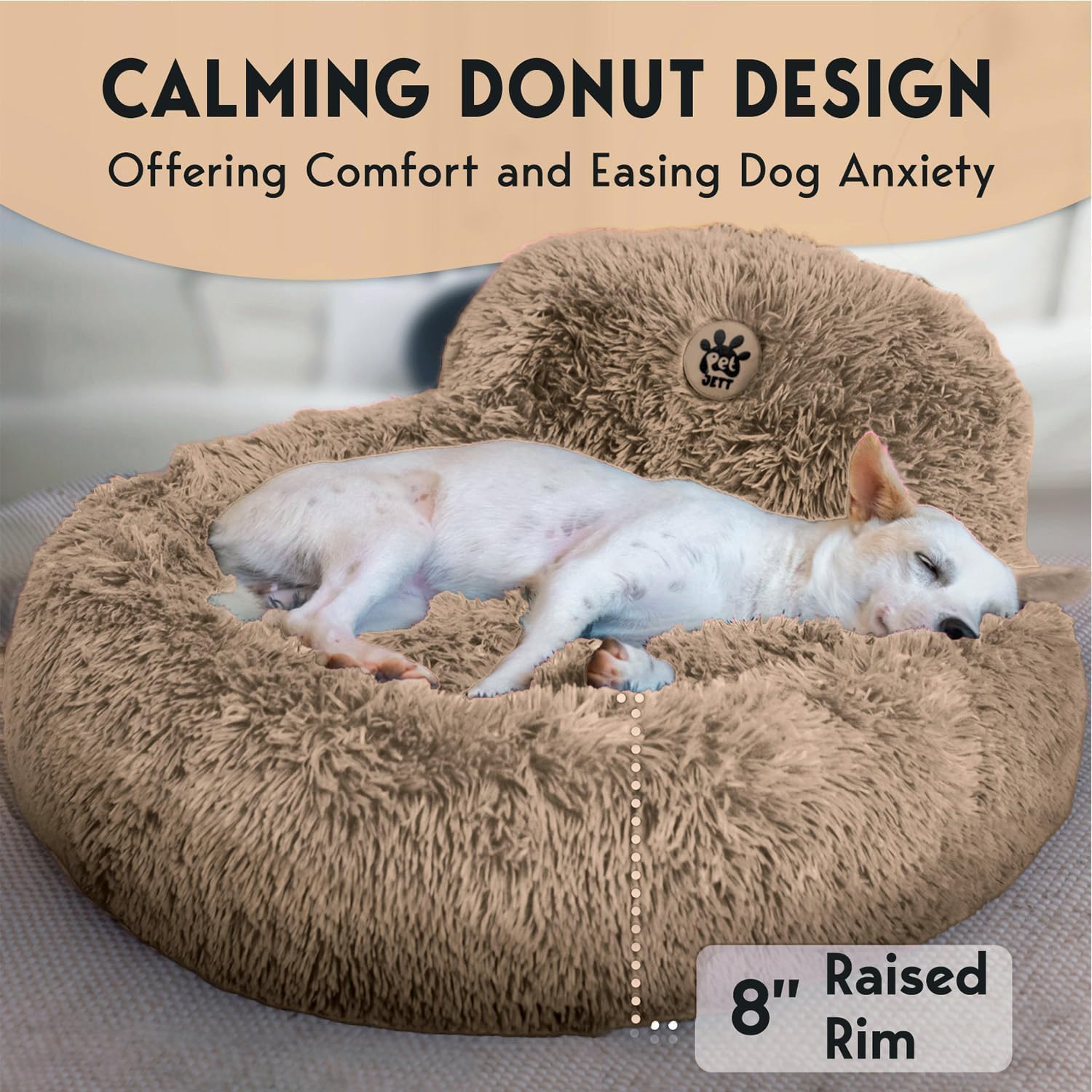 PetJett Calming Medium Dog Bed - Round Dog Beds, Anti-Slip & Washable Super Soft Fluffy Plush Donut Bed, Anti-Anxiety Premium Comfort Pet Bed, Fits Dogs - Beige