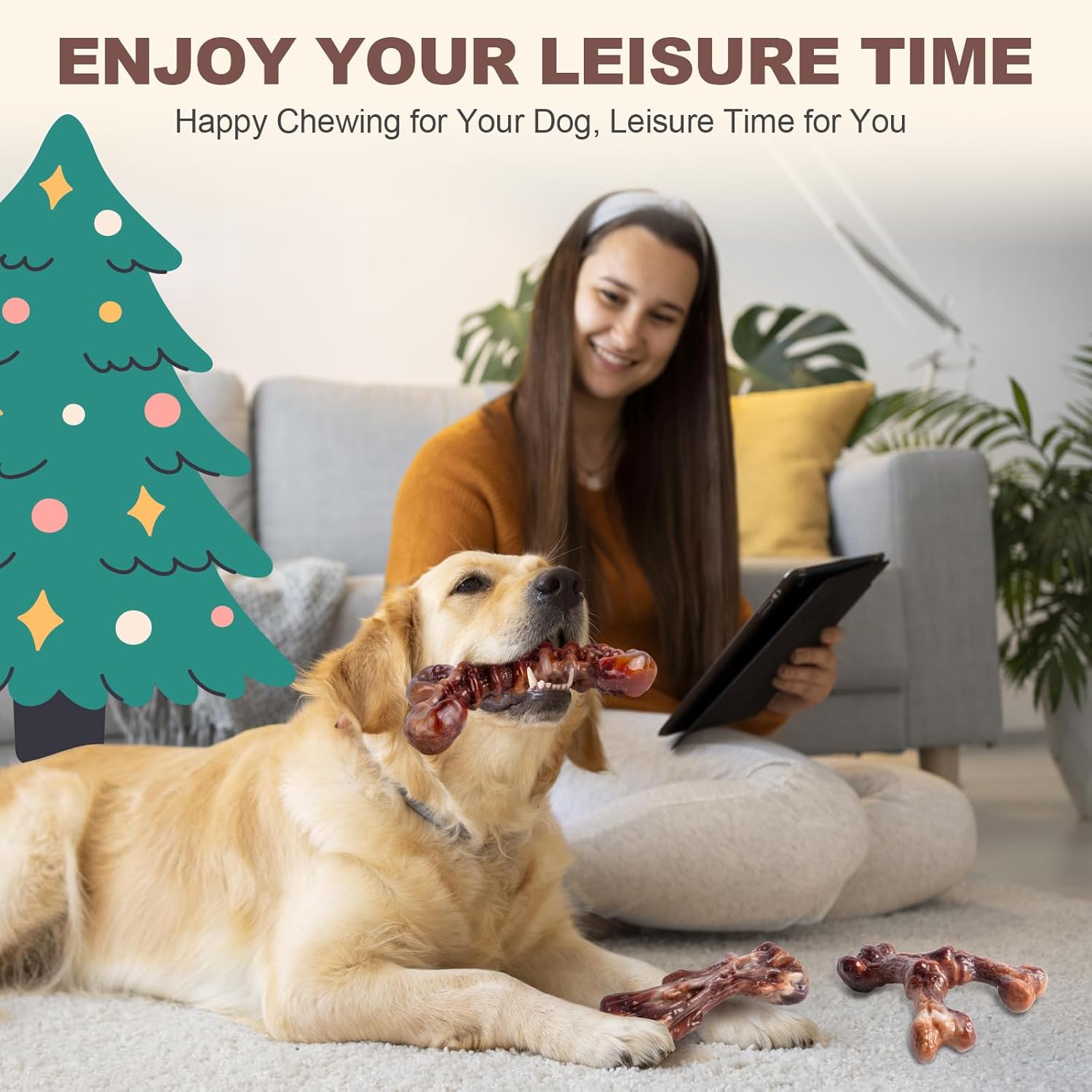 Dog Toys for Aggressive Chewers - 3 Pack Bacon Flavored Indestructible Dog Toy, Big Tough Chew Bone for Medium Large Breed 25-80lbs to Keep Them Busy, Happy Dog Gift (Brown)