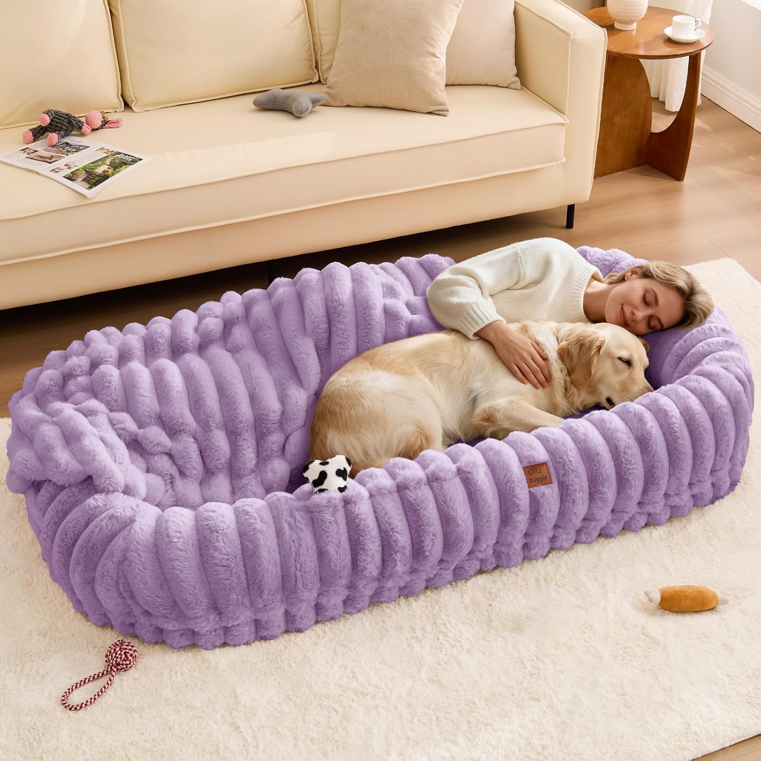 Human Dog Bed for Adult - Luxury Striped Faux Fur Giant Dog Bed with Portable Handle, Egg Orthopedic Foam Pad with Thick Blanket,, Purple