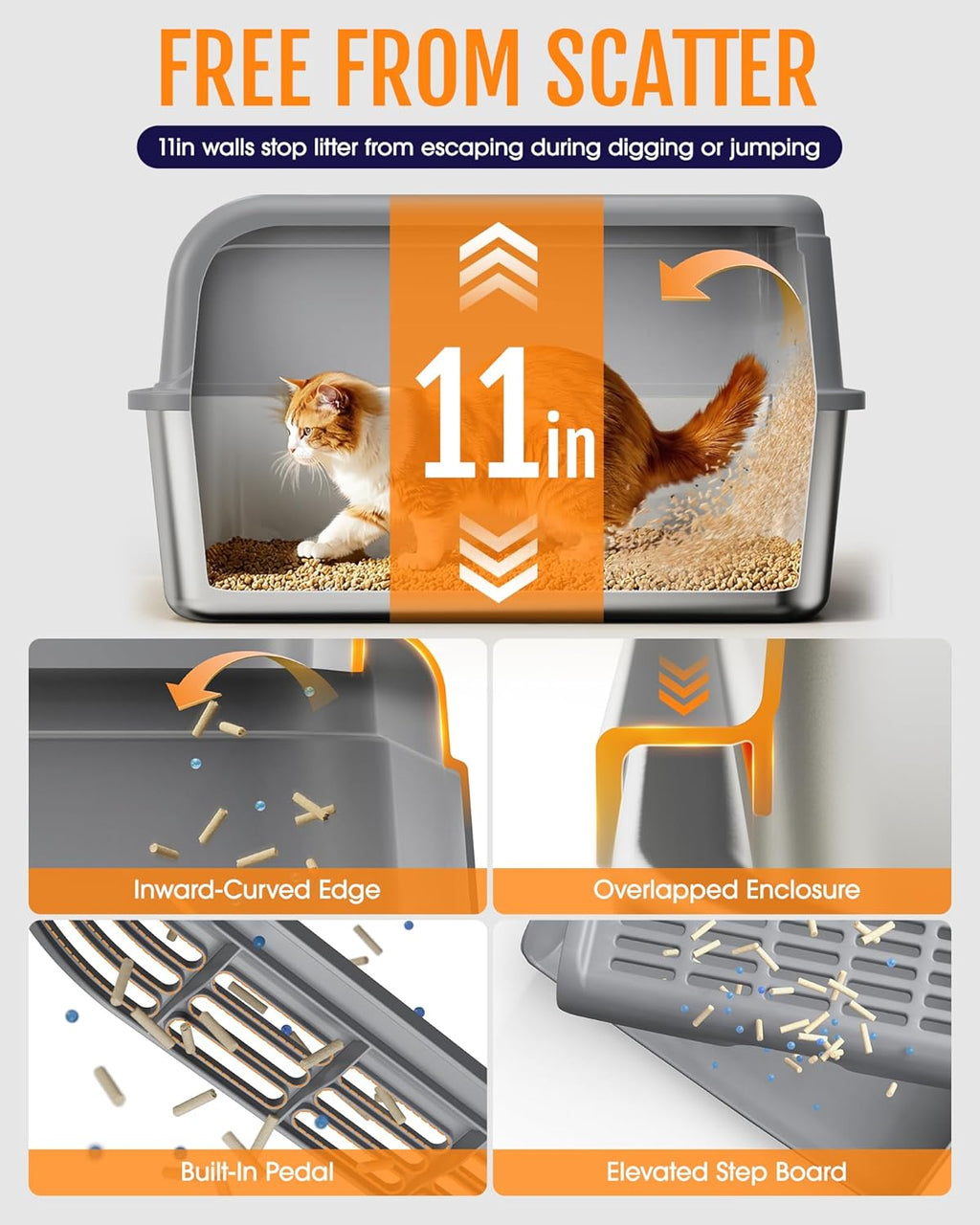 Cat Litter Box - Stainless Steel Litter Box with Scatter-Proof Elevated Step Board for Kitty Use, Robust & Non-Sticky Metal Cat Box with Scoop, Grey